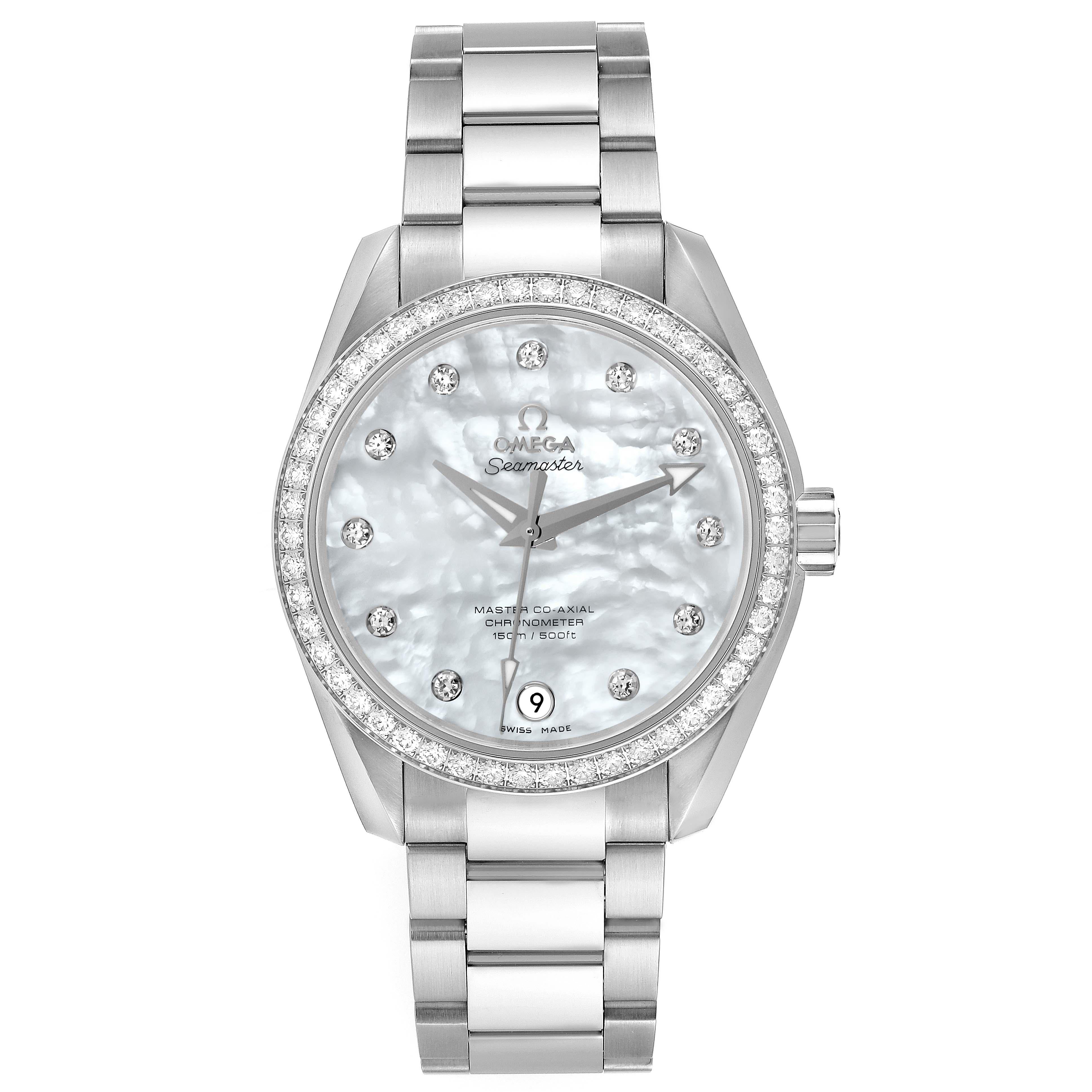 Omega Aqua Terra Mother Of Pearl Dial Diamond Steel Ladies Watch 231.15.39.21.55.001 Unworn. Automatic self-winding movement. Stainless steel round case 38.5 mm in diameter. Exhibition transparent sapphire crystal caseback. Stainless steel bezel set