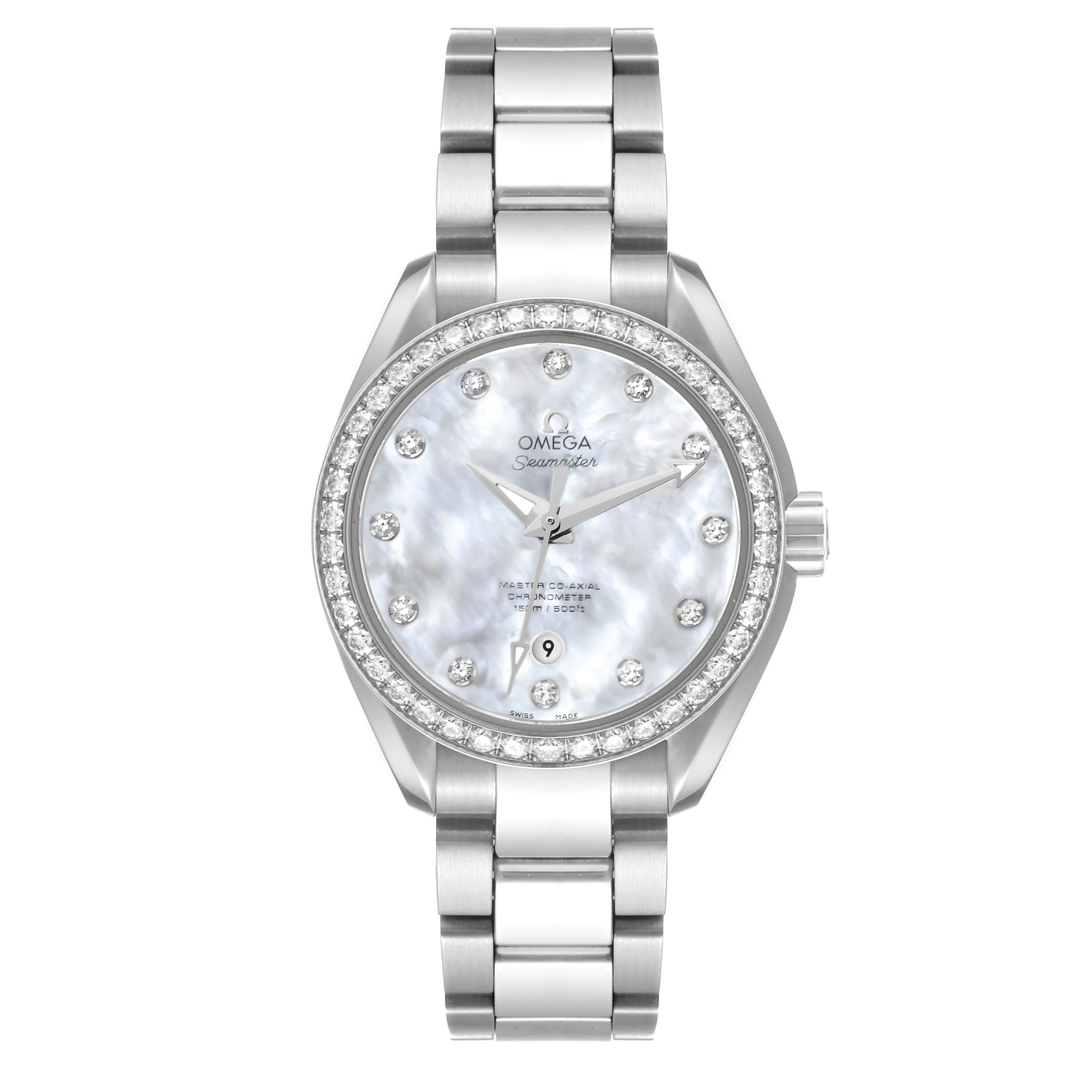 Omega Aqua Terra Mother of Pearl Steel Diamond Ladies Watch 231.15.34.20.55.002. Automatic self-winding movement. Stainless steel round case 34 mm in diameter. Exhibition transparent sapphire crystal caseback. Stainless steel bezel set with original