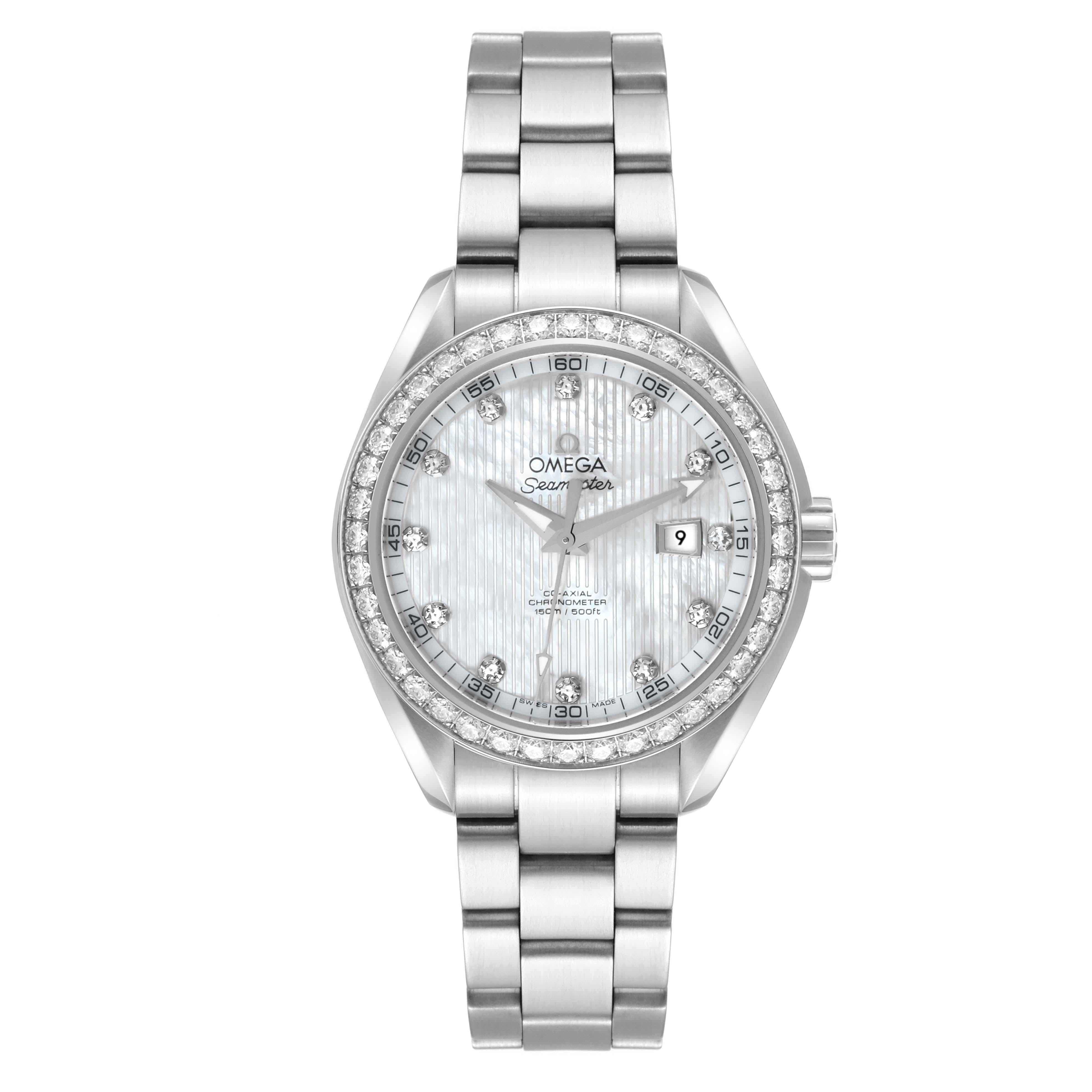 Omega Aqua Terra Mother of Pearl Steel Diamond Ladies Watch 231.15.34.20.55.001 Box Card. Automatic self-winding movement with Co-Axial escapement. Free sprung-balance system with silicon balance-spring. Automatic winding in both directions. Rhodium