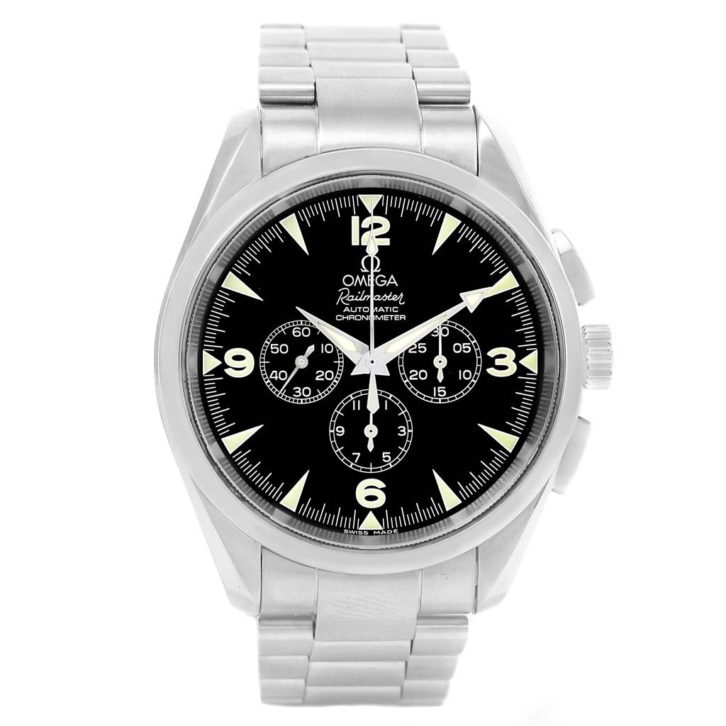 Omega Aqua Terra Railmaster Steel Mens Chronograph Watch 2512.52.00. Automatic movement. Chronograph function. Stainless steel round case 42.2 mm in diameter. Stainless steel fixed bezel. Scratch resistant sapphire crystal. Black dial with applied