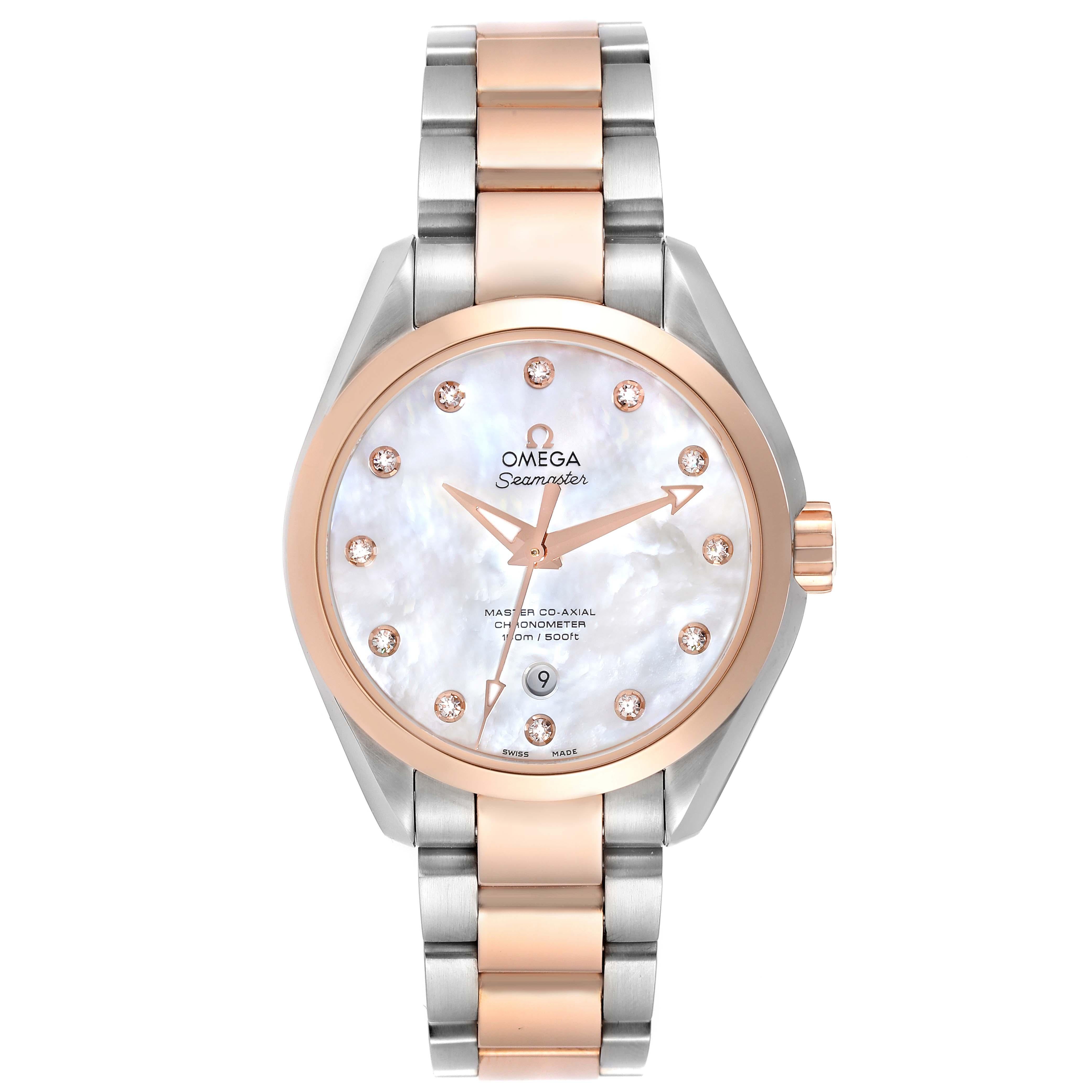 Omega Aqua Terra Rose Gold MOP Diamond Ladies Watch 231.20.34.20.55.001 Unworn. Automatic self-winding movement. Stainless steel and rose gold round case 34 mm in diameter. Exhibition transparent sapphire crystal case back. Omega Sedna rose gold
