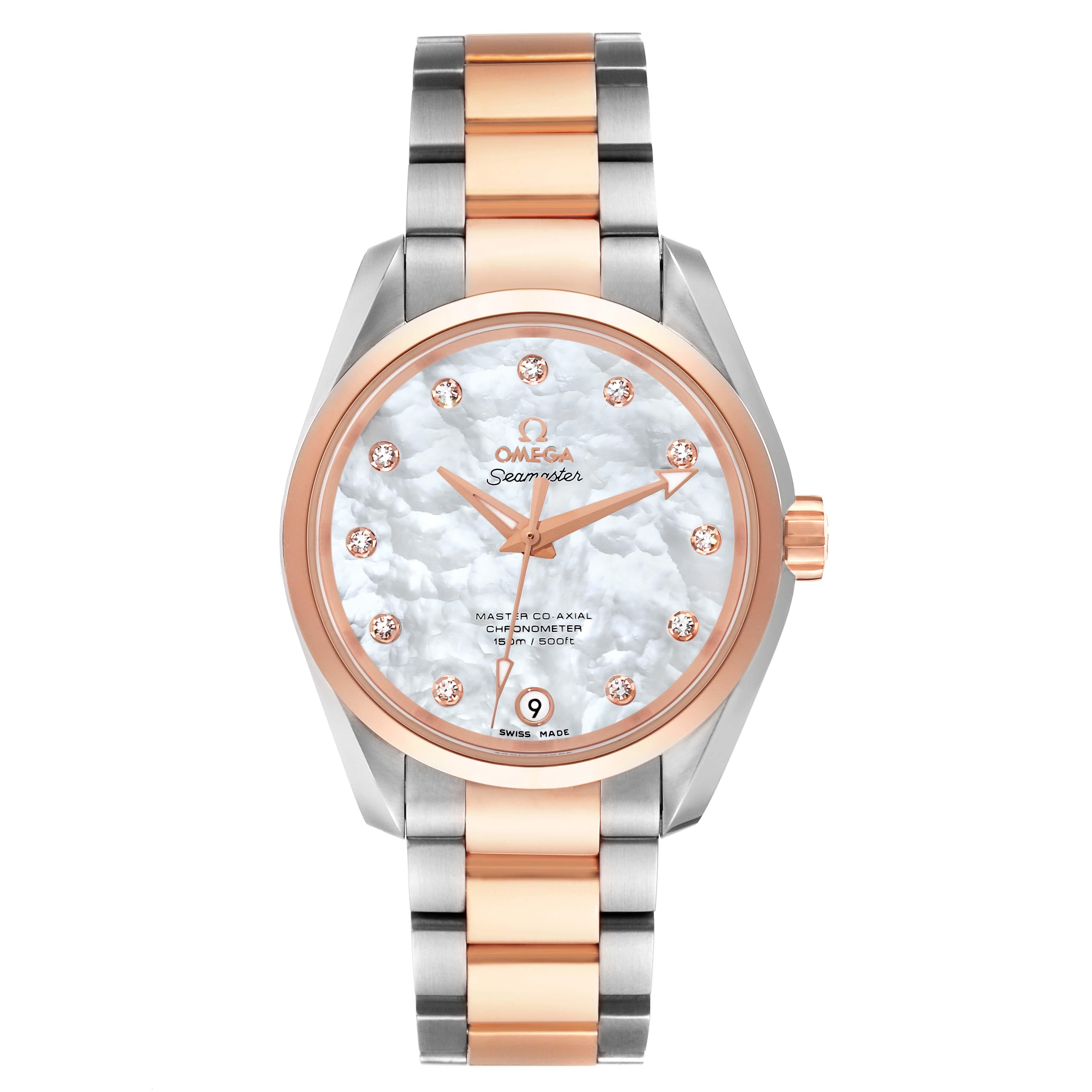 Omega Aqua Terra Rose Gold Mother of Pearl Diamond Ladies Watch 231.20.39.21.55.003 Unworn. Automatic self-winding movement with Co-Axial escapement. Free sprung-balance, 2 barrels mounted in series, automatic winding in both directions. Bridges and