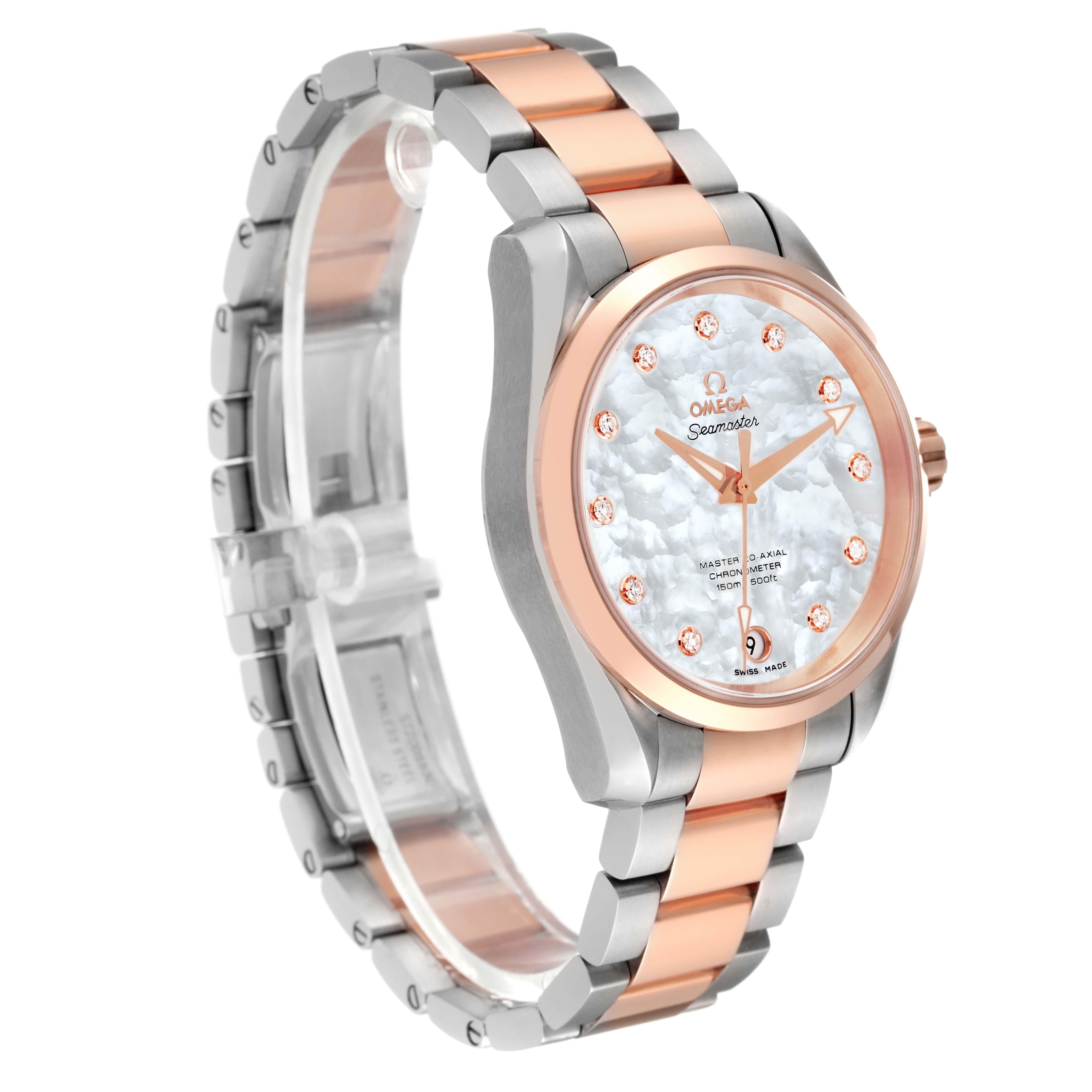 Omega Aqua Terra Rose Gold Mother of Pearl Diamond Ladies Watch In Excellent Condition For Sale In Atlanta, GA