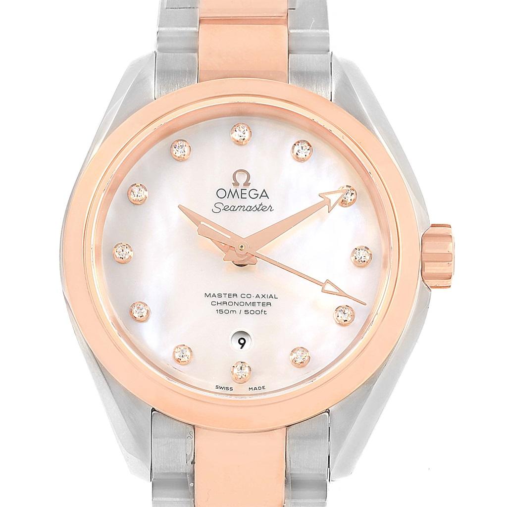 Omega Aqua Terra Segna Gold Diamond Ladies Watch 231.20.34.20.55.001. Automatic self-winding movement. Stainless steel and rose gold round case 34 mm in diameter. Exhibition transparent case back. Segna gold smooth fixed bezel. Scratch resistant