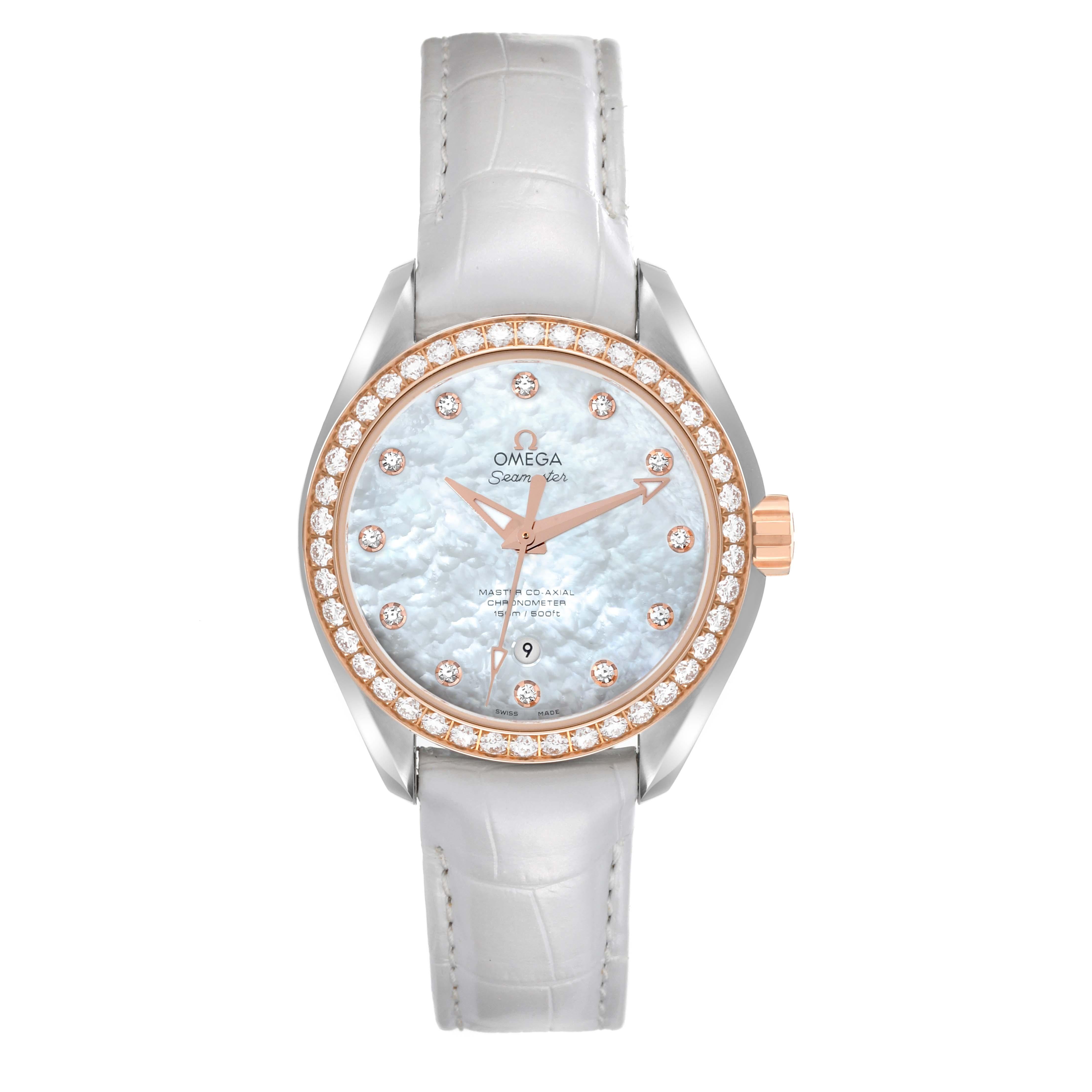 Omega Aqua Terra Steel Rose Gold Diamond Ladies Watch 231.28.34.20.55.003 Unworn. Automatic self-winding movement. . Stainless steel round case 34 mm in diameter. Omega Sedna rose gold crown with Omega logo. Exhibition transparent sapphire crystal