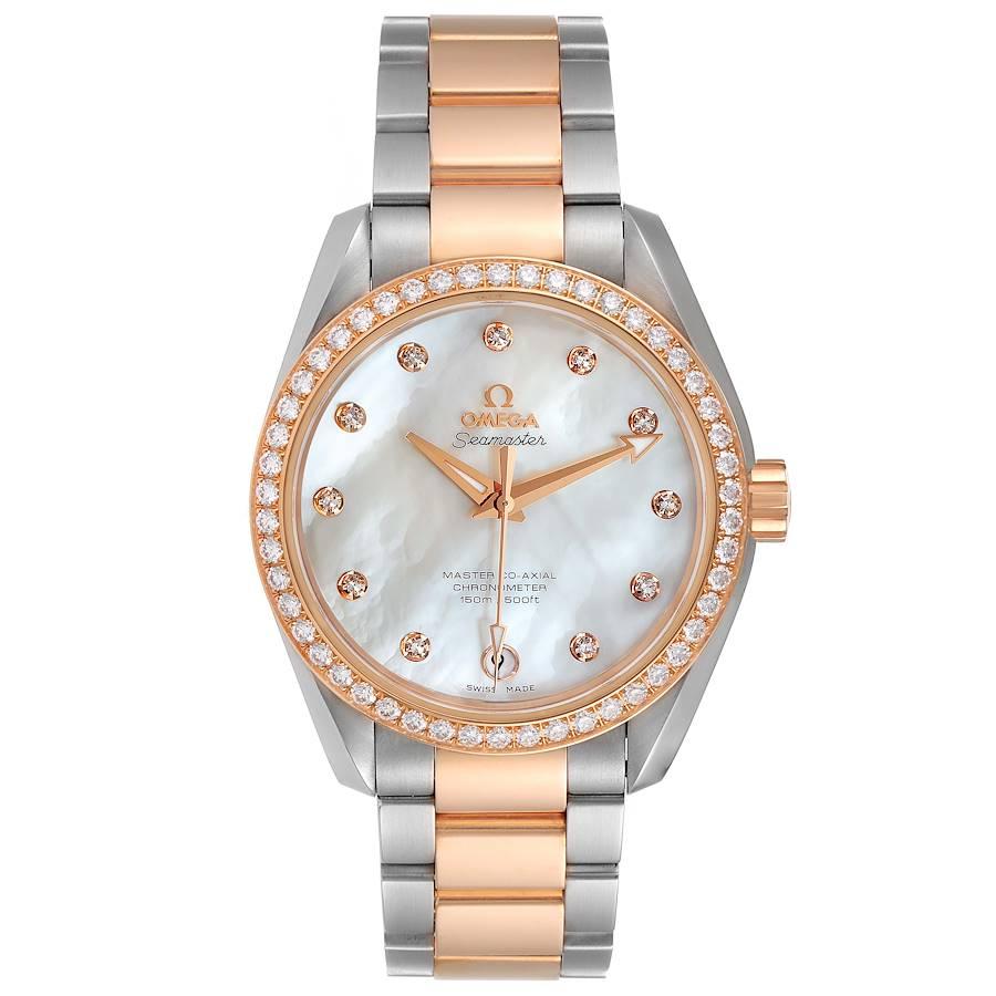 Omega Aqua Terra Steel Rose Gold Diamond Watch 231.25.39.21.55.001 Box Card. Automatic self-winding movement. . Stainless steel round case 38.5 mm in diameter. Exhibition transparent case back. 18k rose gold bezel set with original Omega 42