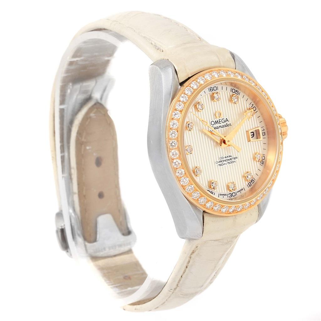 Omega Aqua Terra Steel Rose Gold Diamond Watch 231.28.30.20.55.001. Automatic self-winding movement. Stainless steel round case 30 mm in diameter. 18K yellow gold crown. Excibition case back. 18K rose gold diamond bezel. Domed scratch-resistant