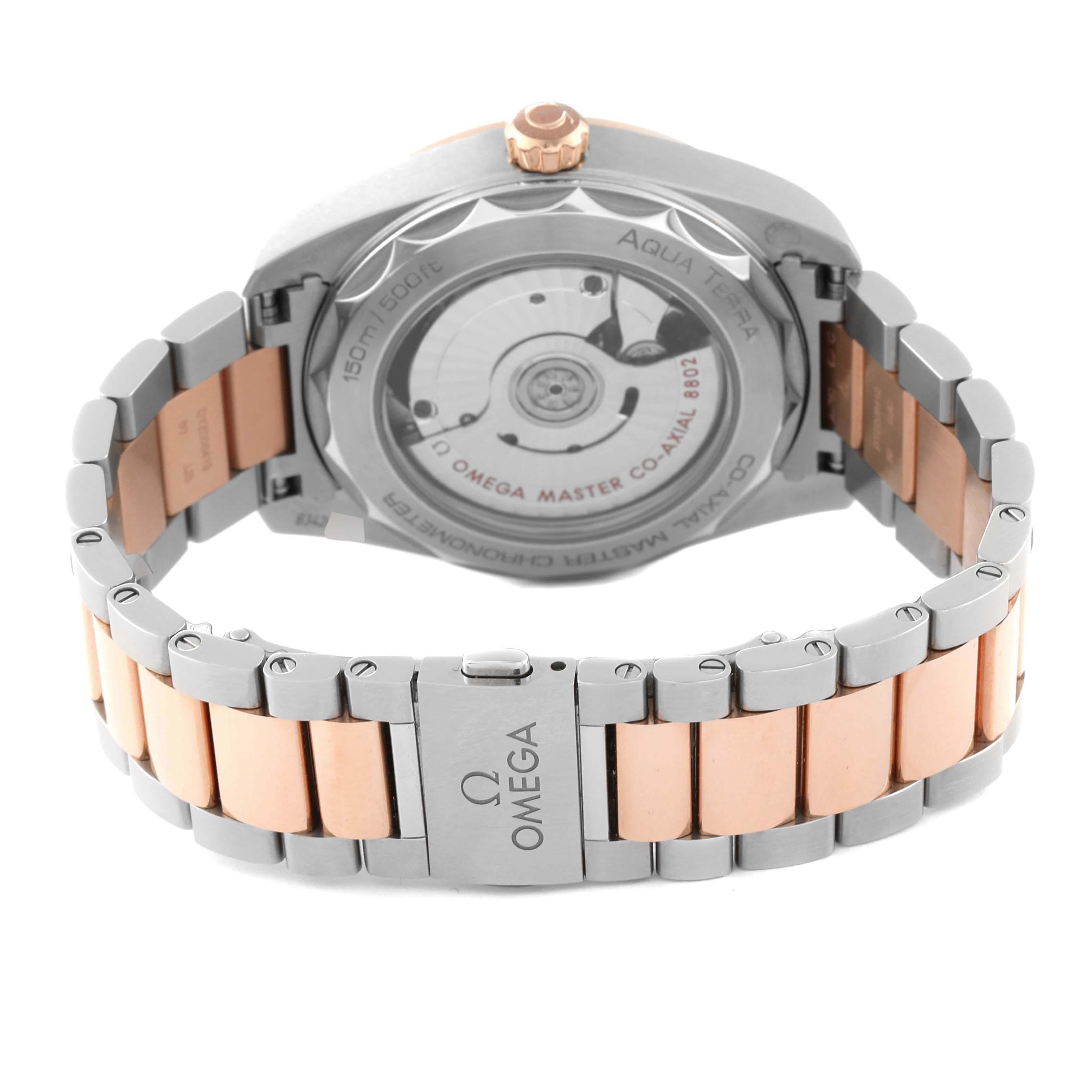 Omega Aqua Terra Steel Rose Gold Mother Of Pearl Diamond Ladies Watch 220.20.38.20.55.002 Box Card. Self-winding movement with Co-Axial escapement. Certified Master Chronometer, approved by METAS, resistant to magnetic fields reaching 15,000 gauss.