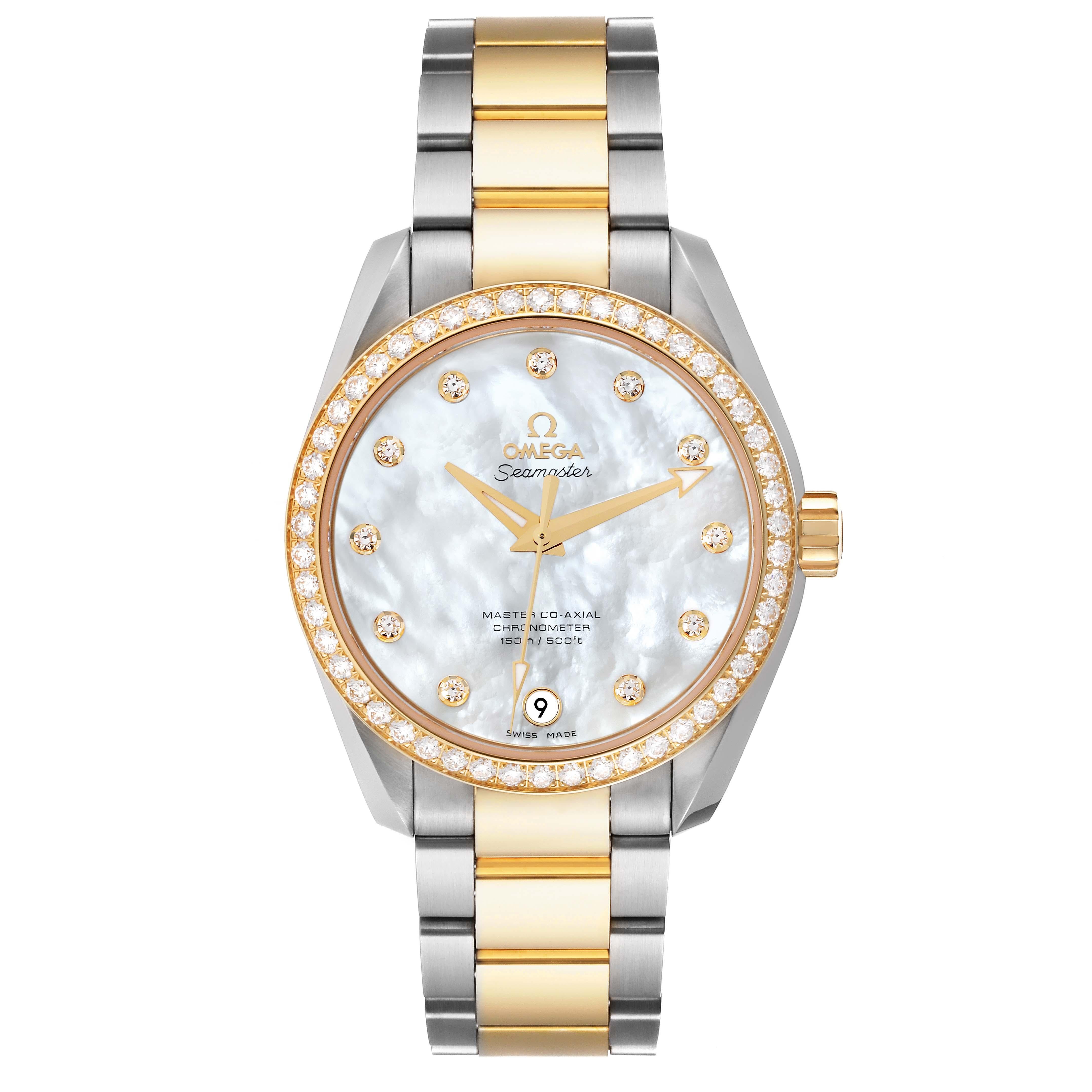 Omega Aqua Terra Steel Yellow Gold Diamond Watch 231.25.39.21.55.002 Unworn. Automatic self-winding movement. . Stainless steel round case 38.5 mm in diameter. Exhibition transparent sapphire crystal case back. 18k yellow gold bezel set with