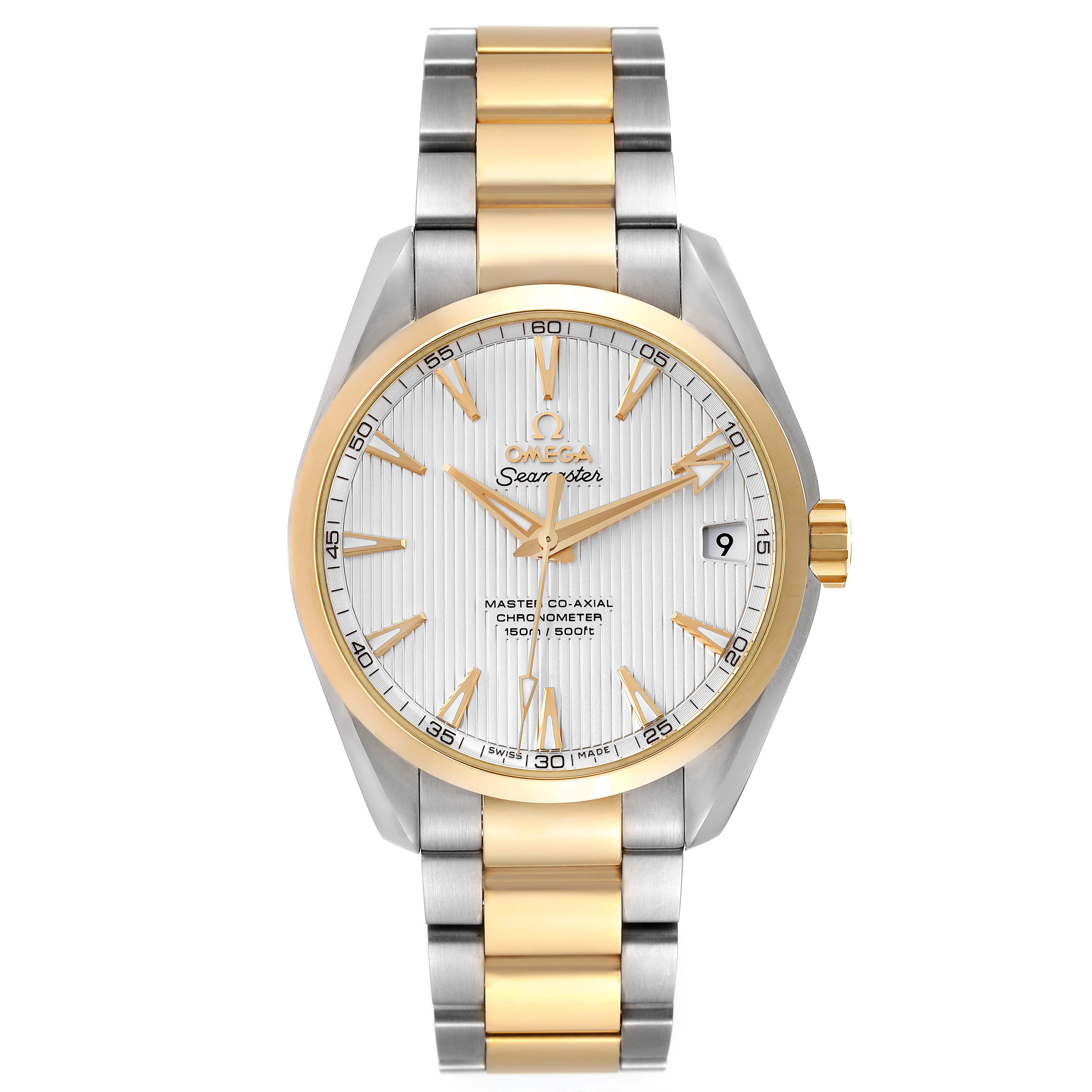 Omega Aqua Terra Steel Yellow Gold Mens Watch 231.20.39.21.02.002 Unworn. Automatic self-winding movement. . Stainless steel round case 38.5 mm in diameter. Omega logo on an 18k yellow gold crown. Exhibition transparent sapphire crystal caseback.
