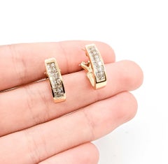 Omega Back Diamond J Hoop Earrings in 14k Yellow Gold