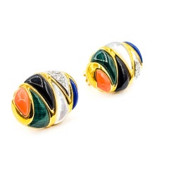 Omega Back Lapis Mop Onyx Malachite Coral & Diamond Earrings in 14k