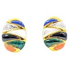 Omega Back Lapis Mop Onyx Malachite Coral & Diamond Earrings in 14k Omega Back Lapis Mop Onyx Malachite Coral & Diamond Earrings in 14k