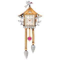 Vintage Omega Birdhouse Brooch in 14k Gold and Diamonds