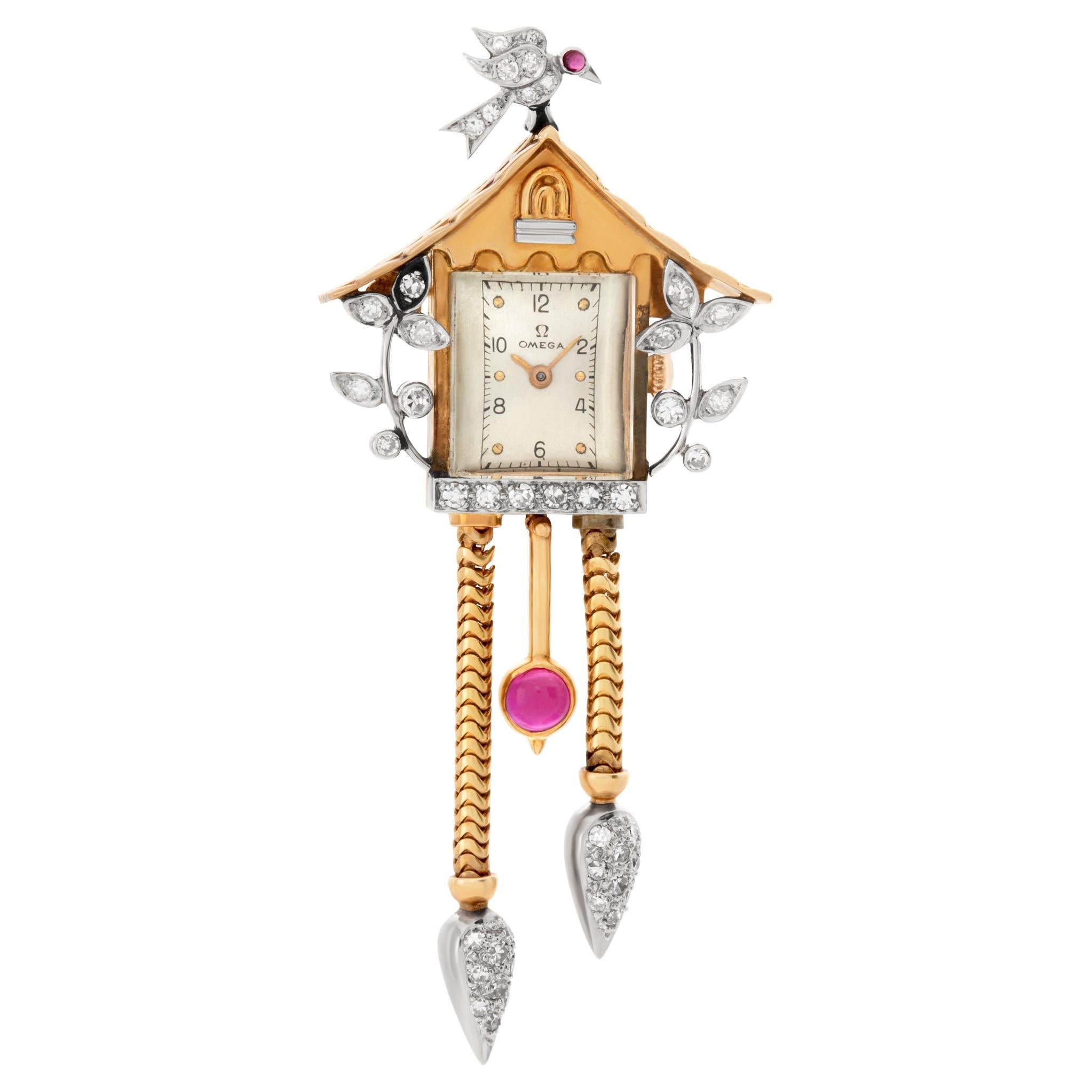 Omega Birdhouse brooch in 14k gold and diamonds For Sale