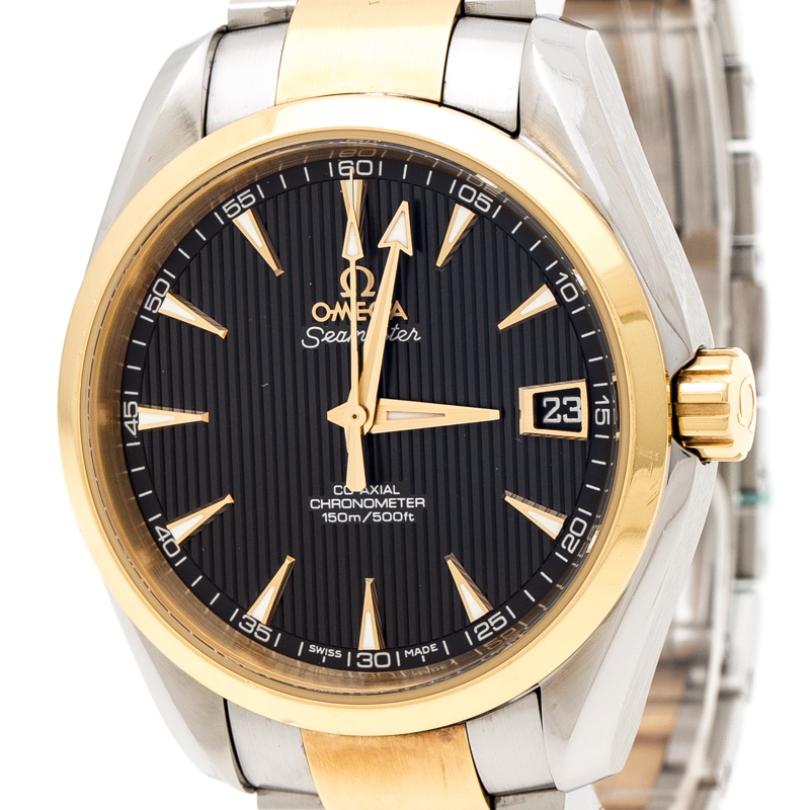 Contemporary Omega Black 18K Yellow Gold Stainless Steel Aqua Terra Men's Wristwatch 37 mm