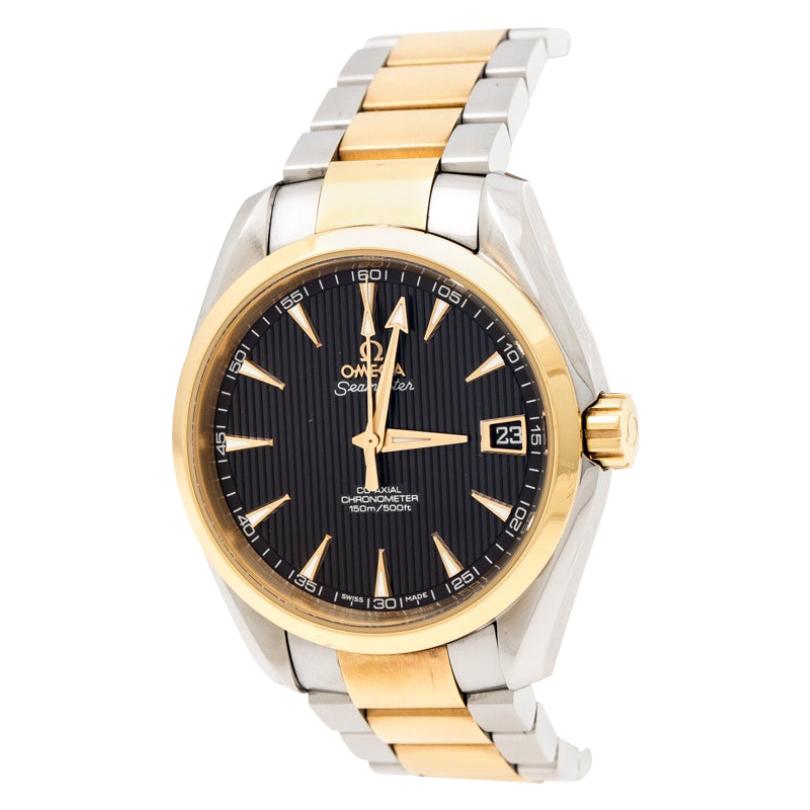 Omega Black 18K Yellow Gold Stainless Steel Aqua Terra Men's Wristwatch 37 mm