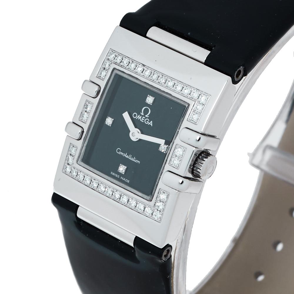 Omega Black Stainless Steel Diamond Constellation Quadra Women's Wristwatch 19mm In Good Condition In Dubai, Al Qouz 2