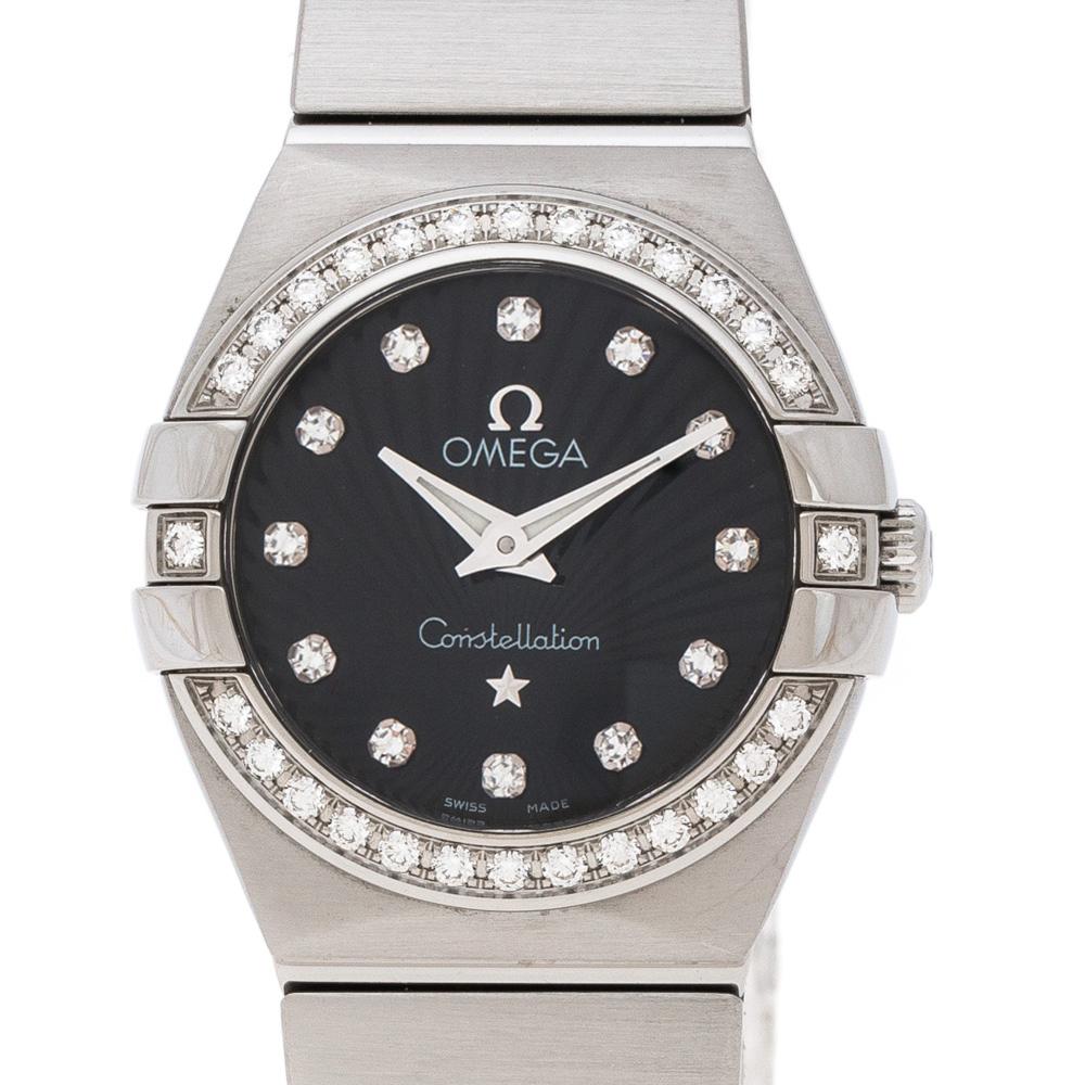 Antique Cushion Cut Omega Black Stainless Steel Diamonds Constellation Women's Wristwatch 24 mm