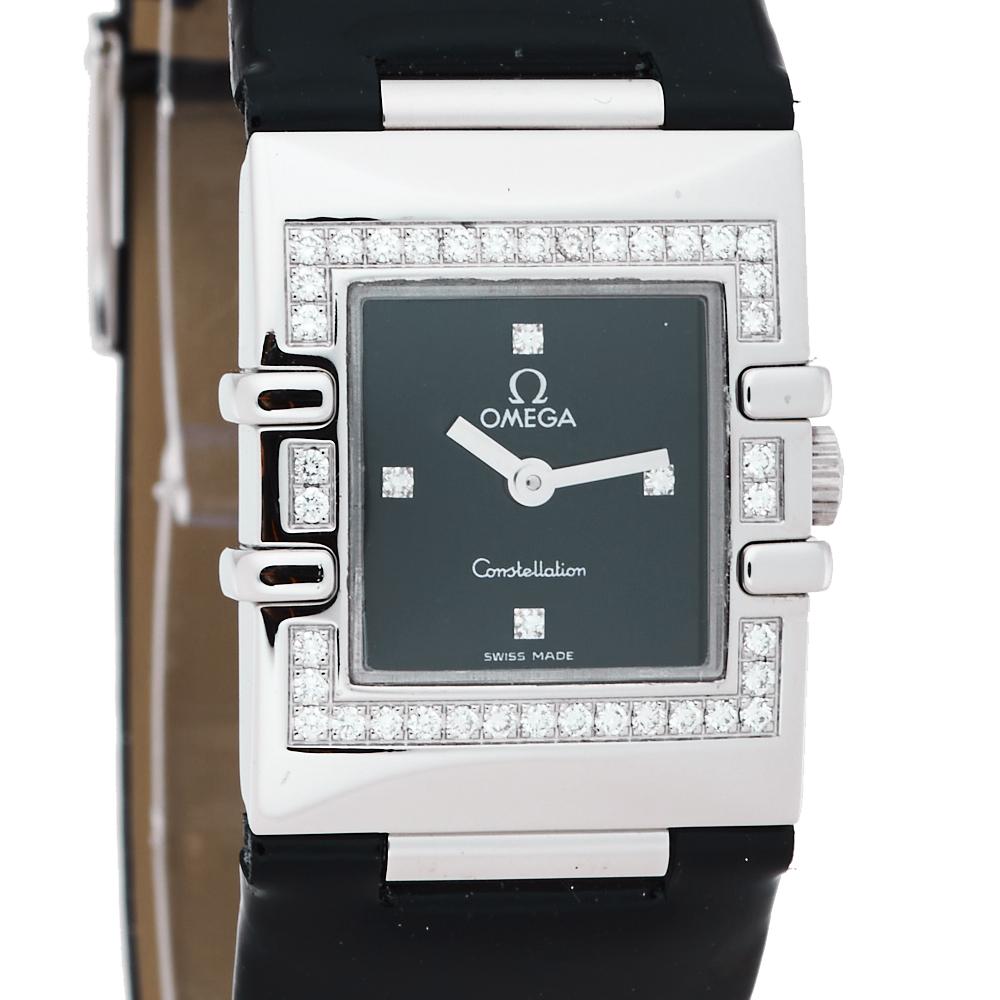 Contemporary Omega Black Stainless Steel Patent Leather Diamond Quadra Womens Wristwatch 19mm