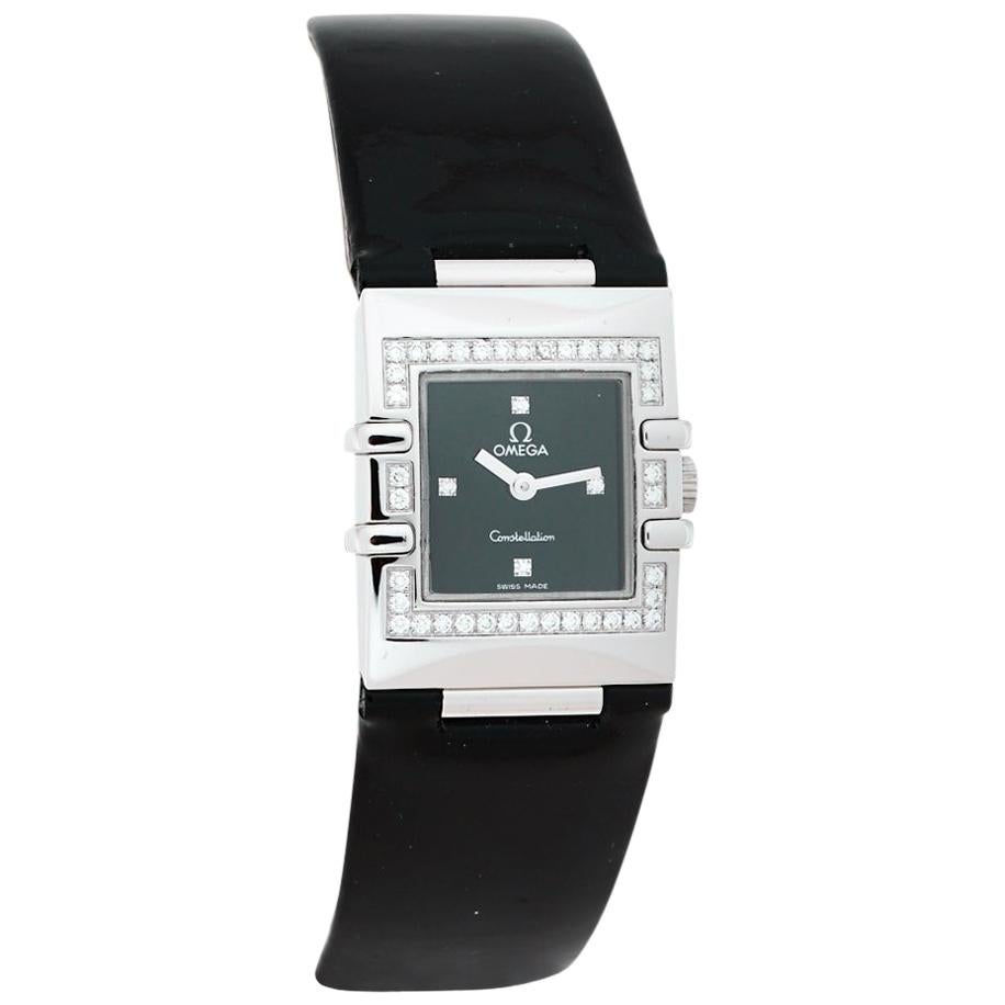 Omega Black Stainless Steel Patent Leather Diamond Quadra Womens Wristwatch 19mm