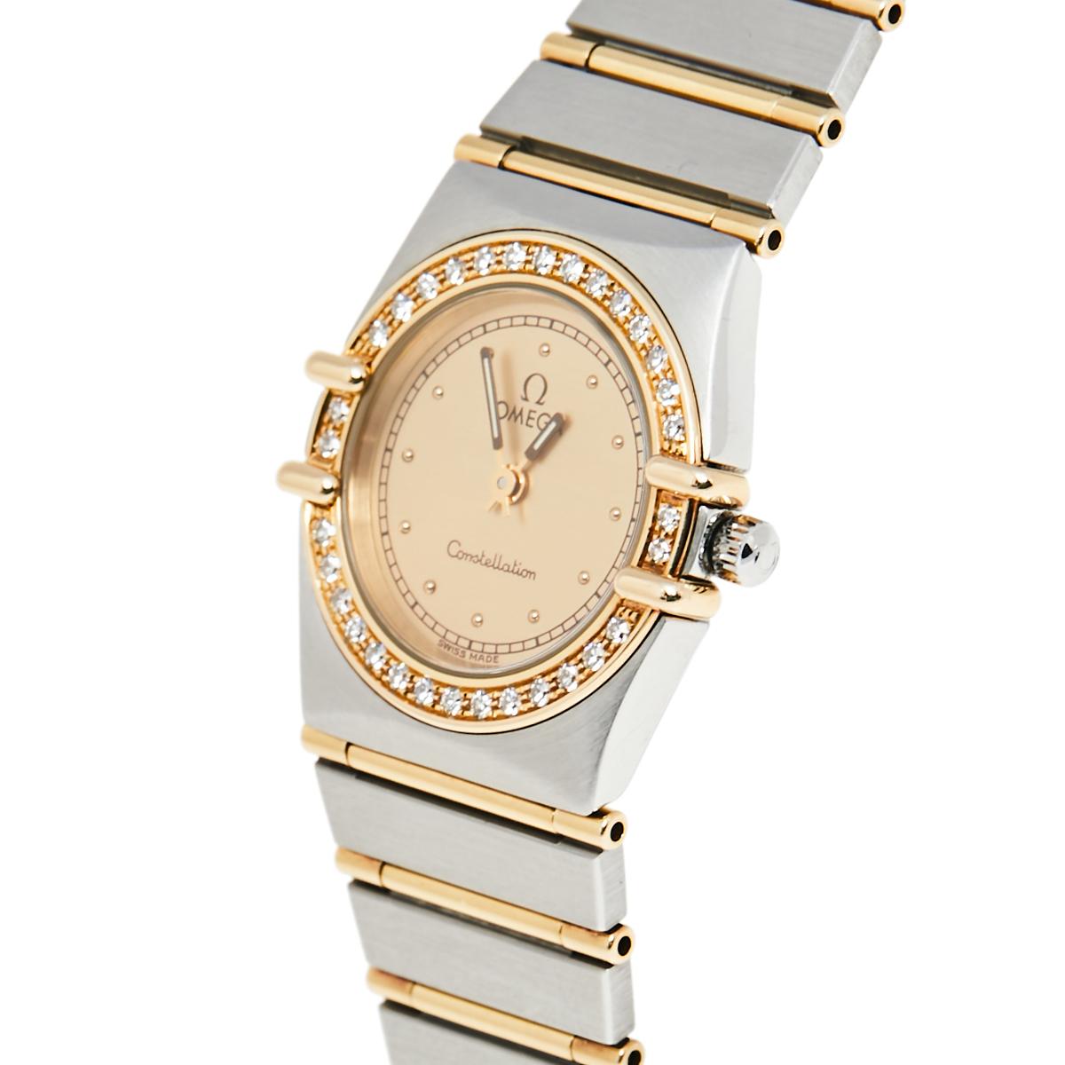 Omega Champagne 18K Yellow Gold Stainless Steel Diamond Women's Wristwatch 22 mm 4