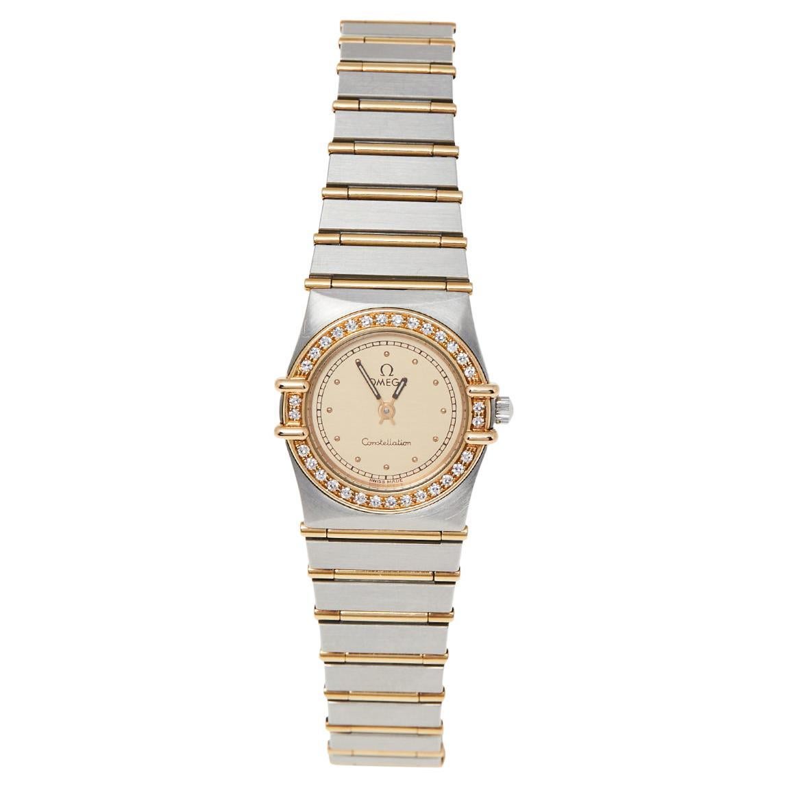 Omega Champagne 18K Yellow Gold Stainless Steel Diamond Women
s Wristwatch 22 mm