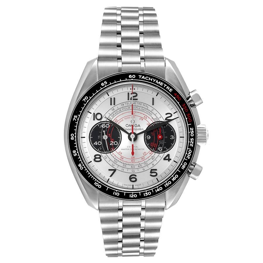 Omega Chronoscope Steel Silver Dial Mens Watch 329.30.43.51.02.002 Box Card. Manual-winding chronograph movement. Stainless steel round case 43.0 mm in diameter. Transparent exhibition sapphire crystal case back. Stainless steel bezel with