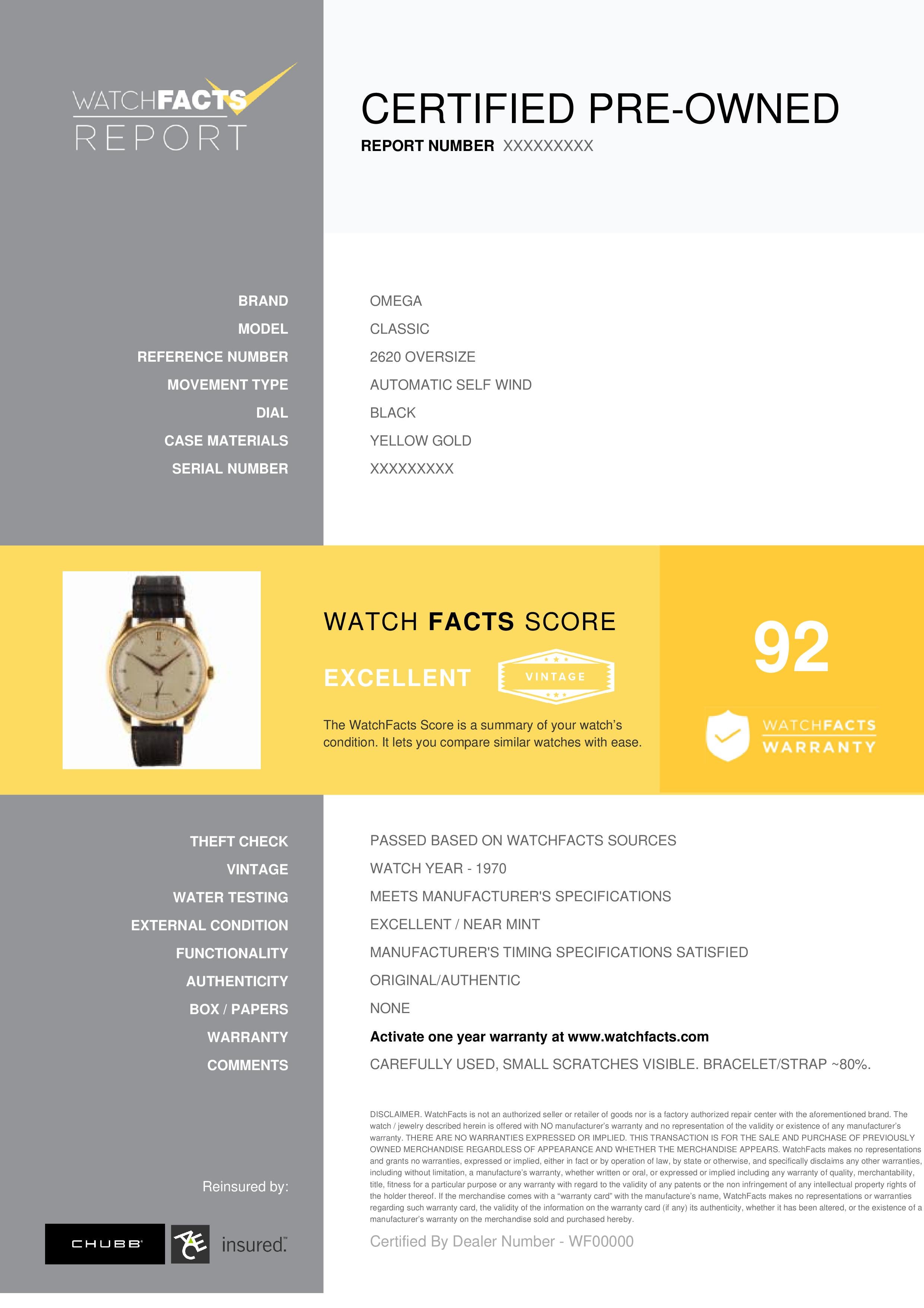 Omega Classic Reference #: 2620 OVERSIZE. Mens Automatic Self Wind Watch Yellow Gold Black 0 MM. Verified and Certified by WatchFacts. 1 year warranty offered by WatchFacts.
