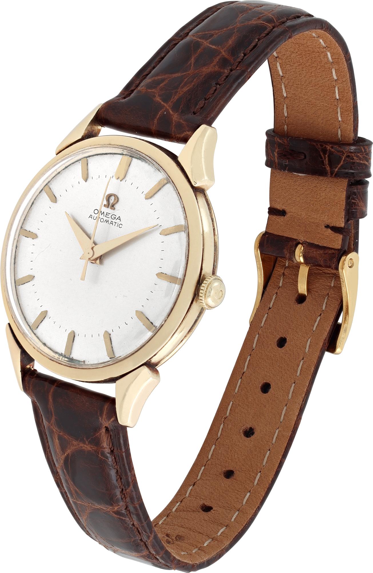 Omega Classic in 14k yellow gold on a brown crocodile strap, interesting triangular lugs. Auto with sweep seconds. 32 mm case size. Ref 66518. Circa 1960's. Fine Pre-owned Omega Watch.

 Certified preowned Vintage Omega Classic 66518 watch is made