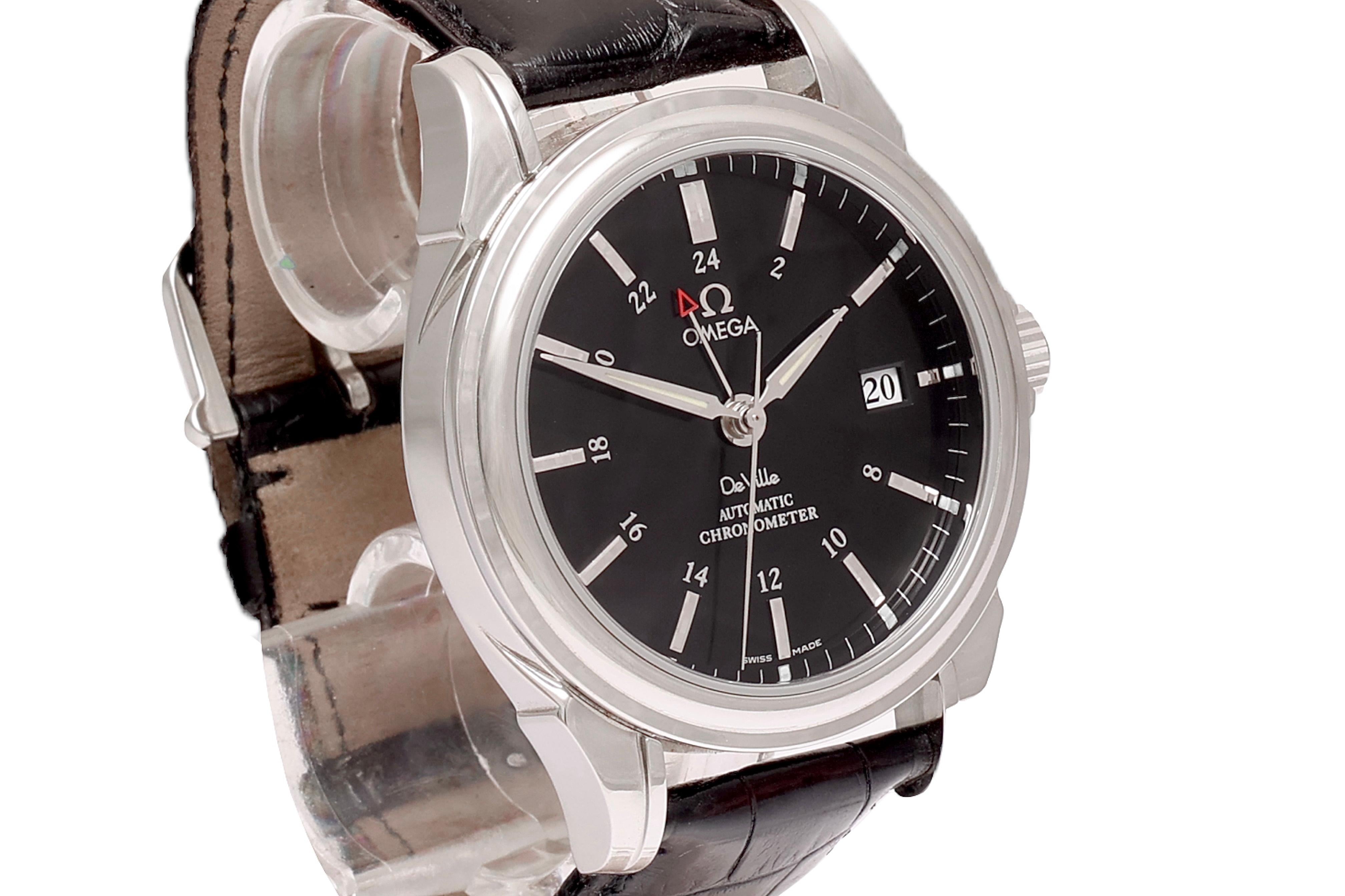 Omega De Ville Co-Axial Automatic Chronometer Wristwatch, Steel with Omega Box

Model: Co-Axial

Movement: Automatic

Case: Steel, Diameter 39 mm x thickness 11.6 mm, Water resistance 10 ATM, Sapphire crystal

Dial: Black dial with steel applied