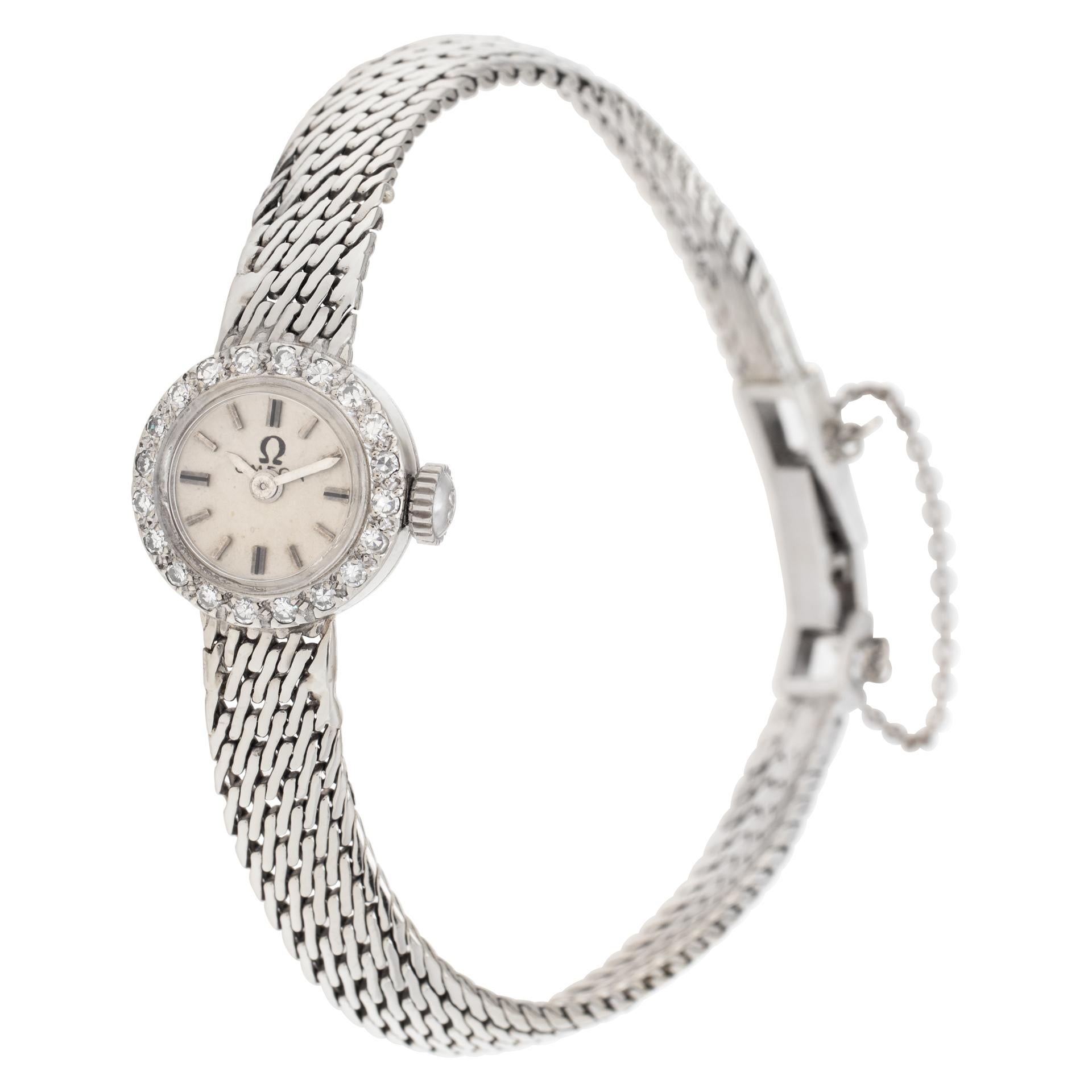 Vintage Omega Cocktail watch in 14k white gold with diamond bezel. Mesh bracelet. Manual wind. 13.5 mm case size. Will fit up to a 6.25