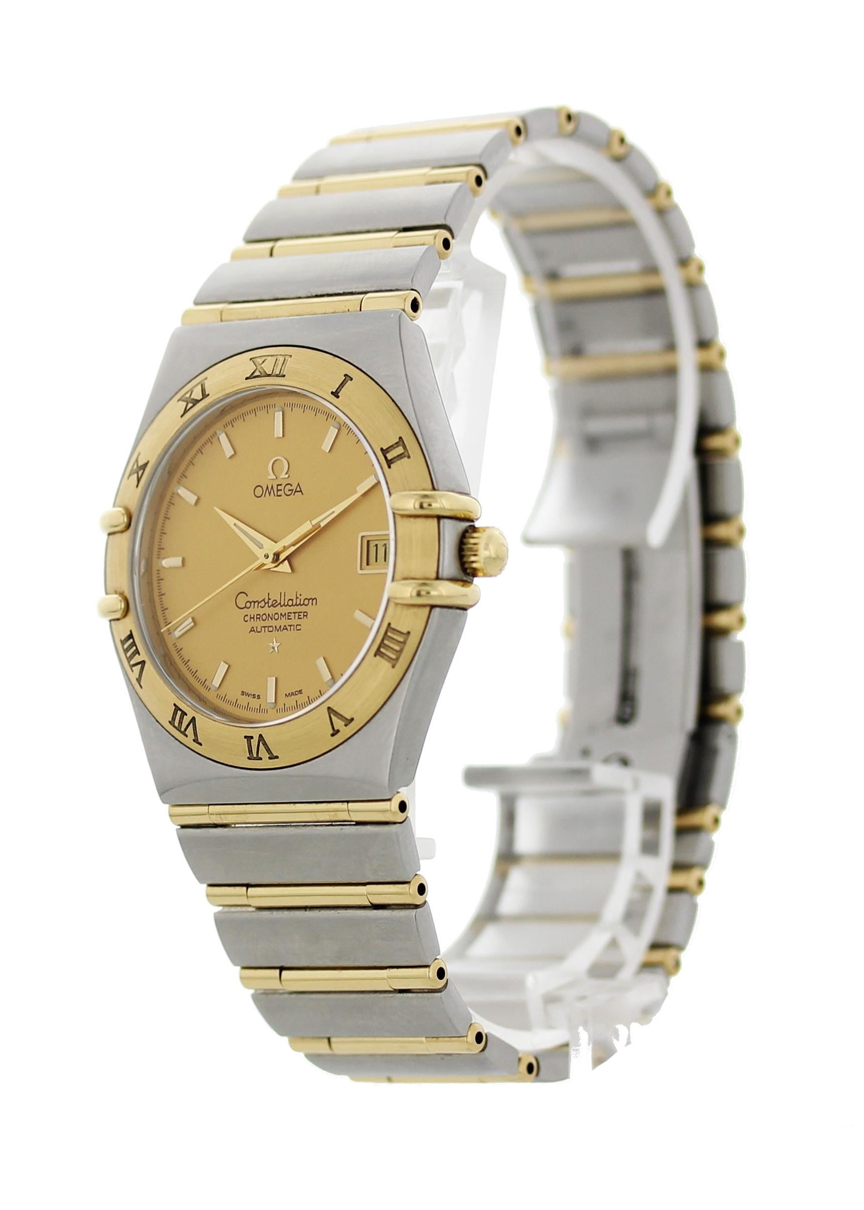 Omega Constellation 1202.10 Automatic Watch. 35mm stainless steel case. 18k yellow gold fixed bezel with black roman numerals. Gold dial with gold numerals markers and hands. Date aperture at 3 o'clock. Stainless steel band with full gold bars. Will