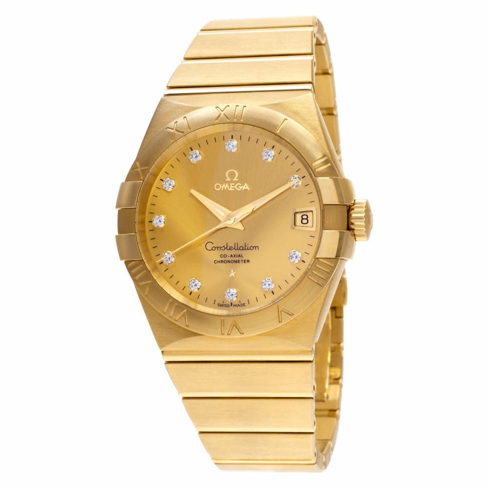 Omega Constellation Reference #:123.50.38.21.58.001. Like New! Omega Constellation in 18k yellow gold, factory diamond dial. Auto movement under glass w/ sweep seconds and date. Complete with box and paper with majority of factory warranty