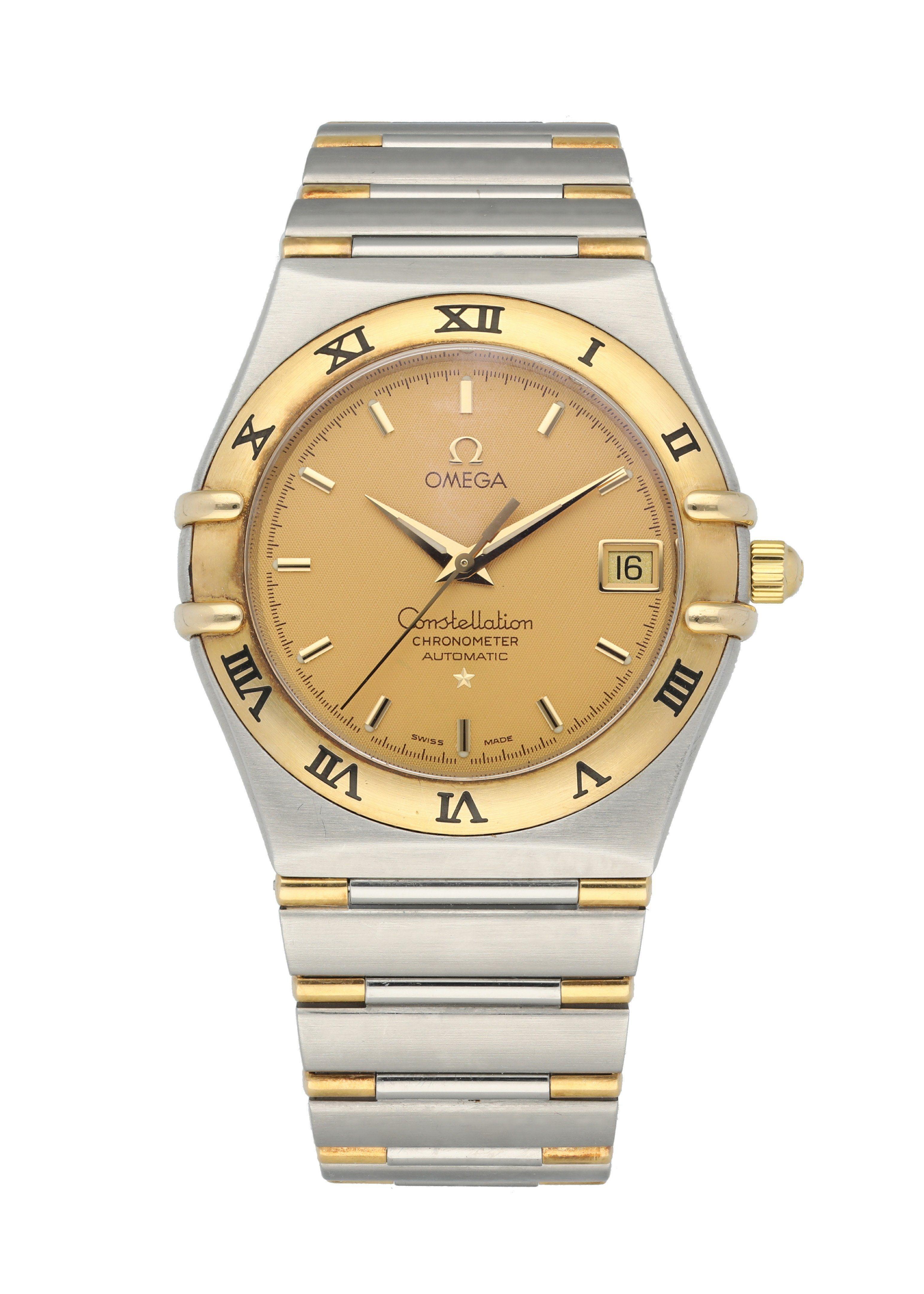 Omega Constellation 1302.10.00 Men's Watch. 
36mm Stainless Steel case. 
Yellow Gold Stationary bezel. 
Champagne dial with gold hands and index hour markers. 
Minute markers on the outer dial. 
Date display at the 3 o'clock position. 
Stainless
