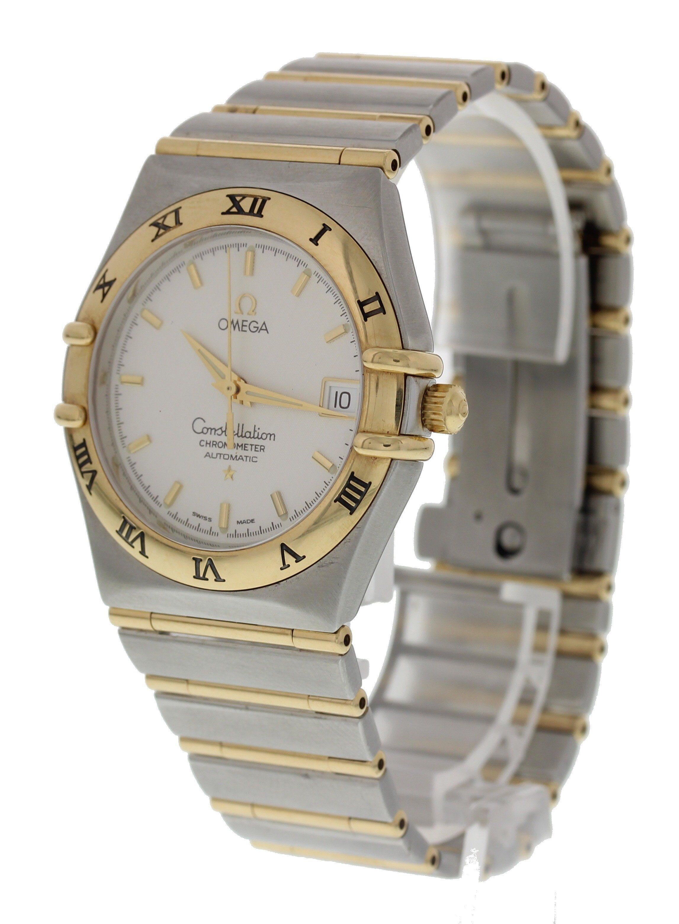 Omega Constellation 1302.10.00 Men's Watch. 
36mm Stainless Steel case. 
Yellow Gold Stationary bezel. 
White dial with gold hands and index hour markers. 
Minute markers on the outer dial. 
Date display at the 3 o'clock position. 
Stainless Steel