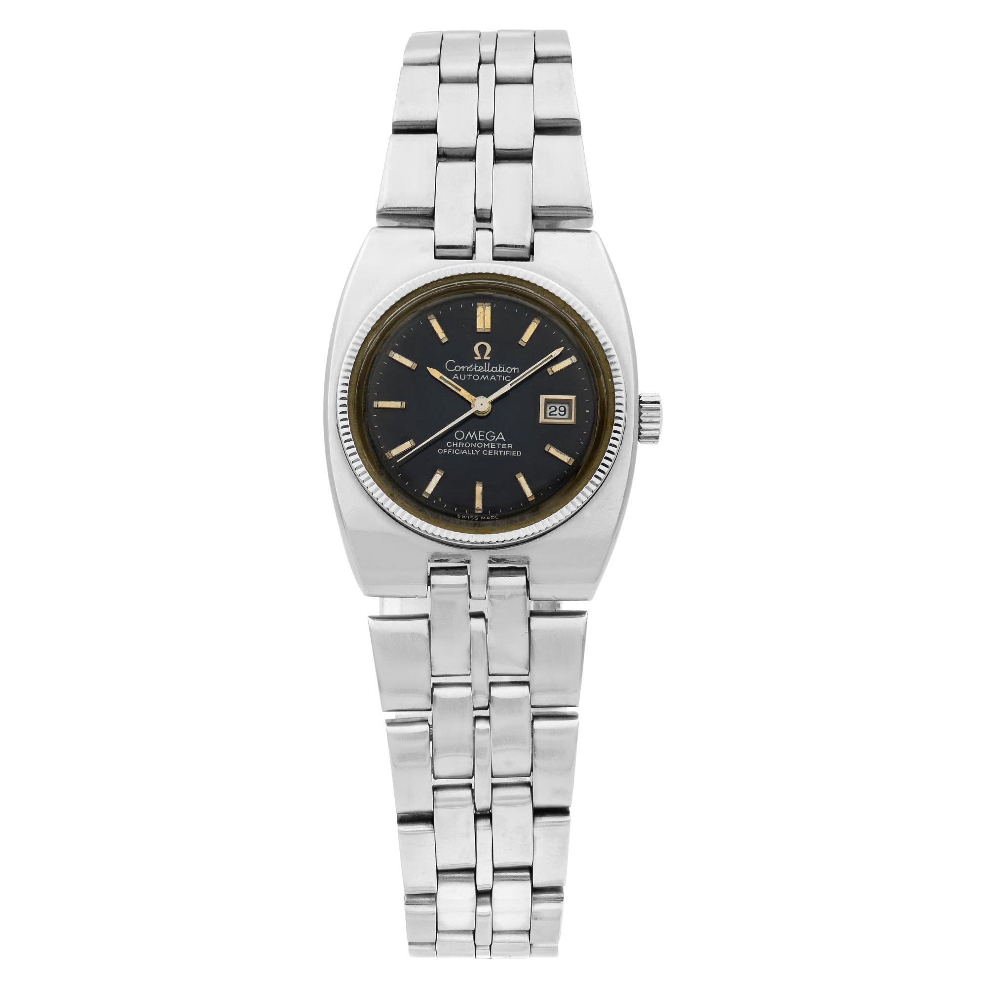 Omega Constellation 14 Karat White Gold Steel Black Dial Ladies Watch 568.014