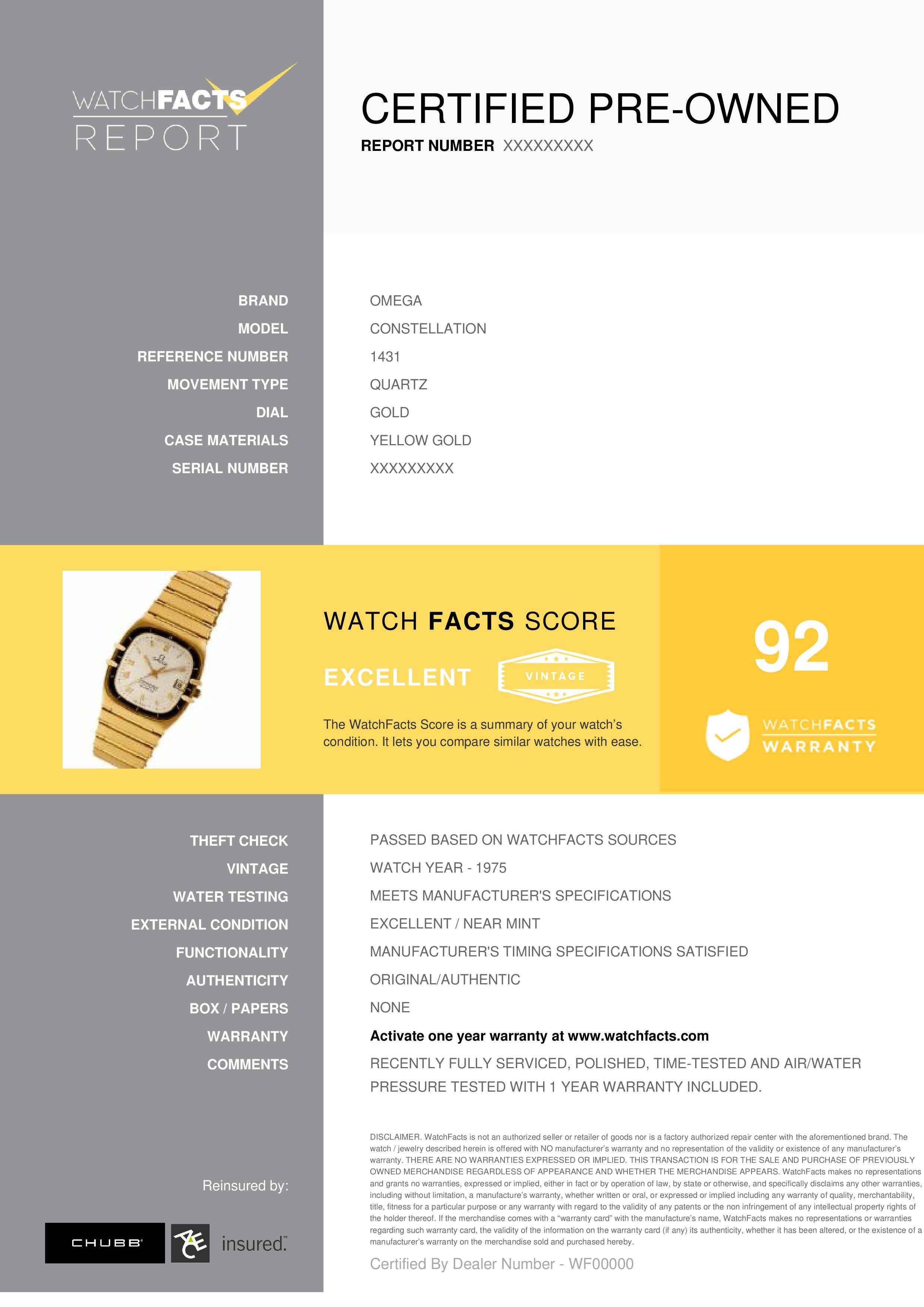 Omega Constellation Reference #: 1431. Mens Quartz Watch Yellow Gold Gold 0 MM. Verified and Certified by WatchFacts. 1 year warranty offered by WatchFacts.
