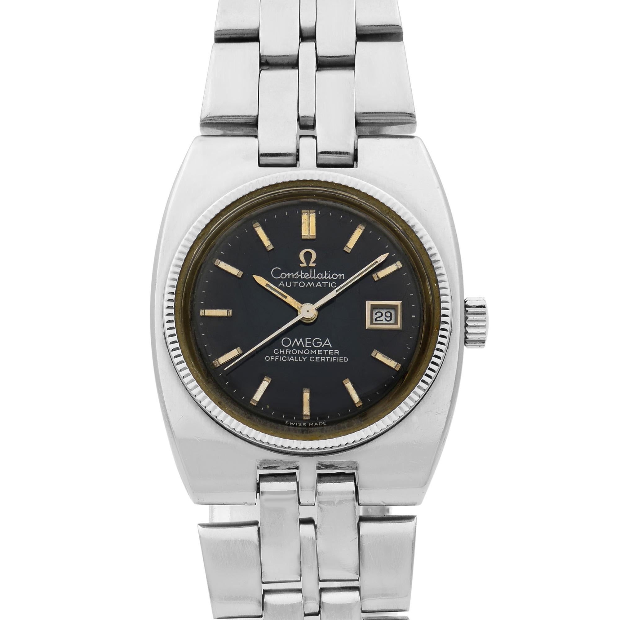 This pre-owned Omega Constellation 568.014 768.803 is a beautiful Ladie's timepiece that is powered by mechanical (automatic) movement which is cased in a stainless steel case. It has a round shape face, date indicator dial and has hand sticks style