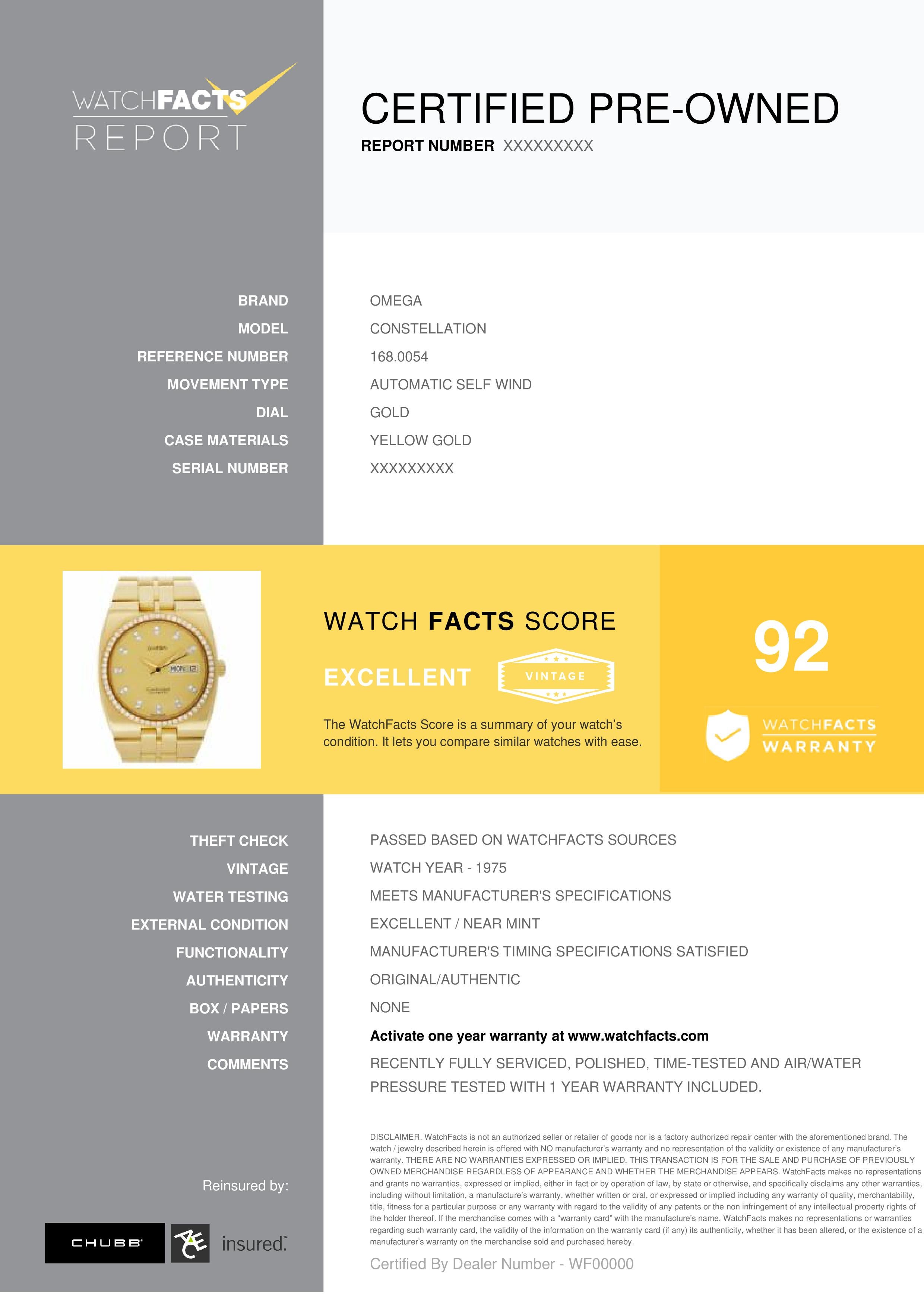 Omega Constellation Reference #: 1680054. Mens Automatic Self Wind Watch Yellow Gold Gold 40 MM. Verified and Certified by WatchFacts. 1 year warranty offered by WatchFacts.
