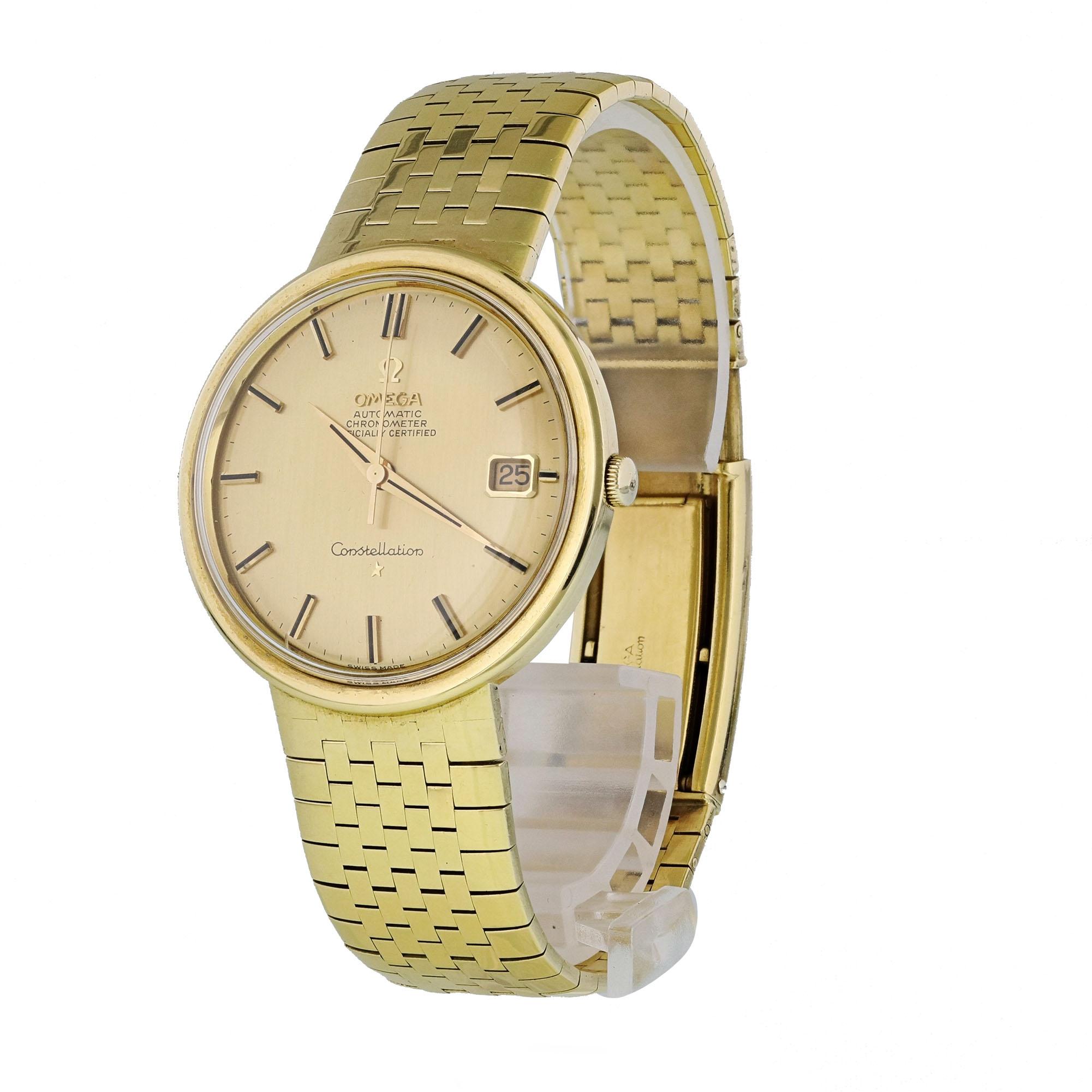 Omega Constellation 168.009 Mens Watch.
36mm 18k Yellow Gold case. 
Yellow Gold smooth bezel. 
Champagne dial with gold hands and index hour markers. 
Minute markers on the outer dial. 
Date display at the 3 o'clock position. 
Yellow Gold Bracelet