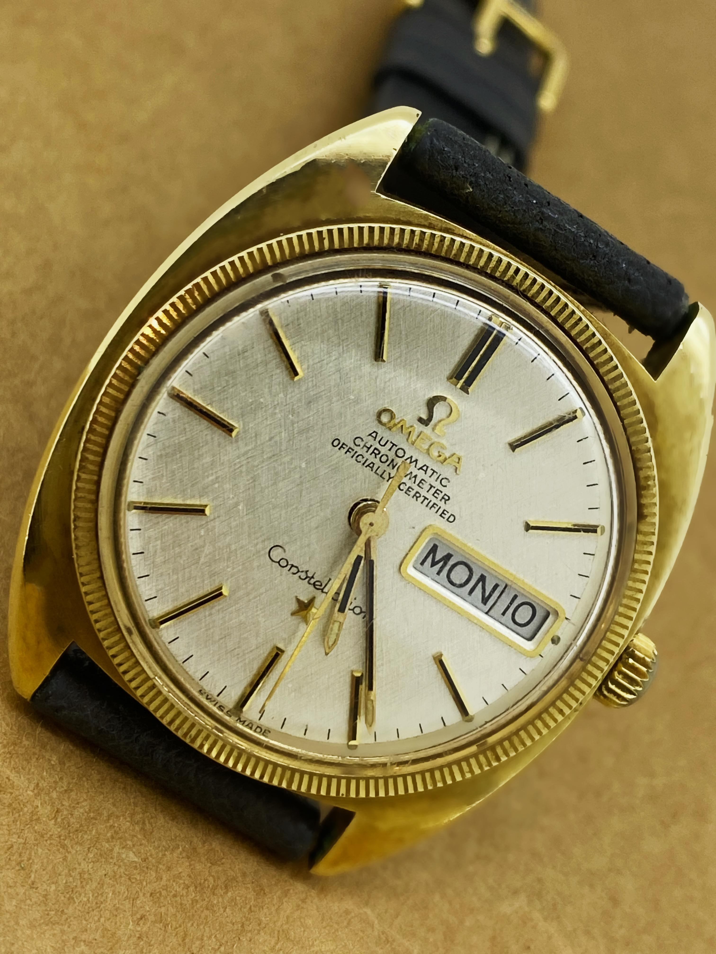 Retro Omega Constellation #168029 cal. 751 Gold-Filled Day Date Linen Dial c1968 Watch For Sale