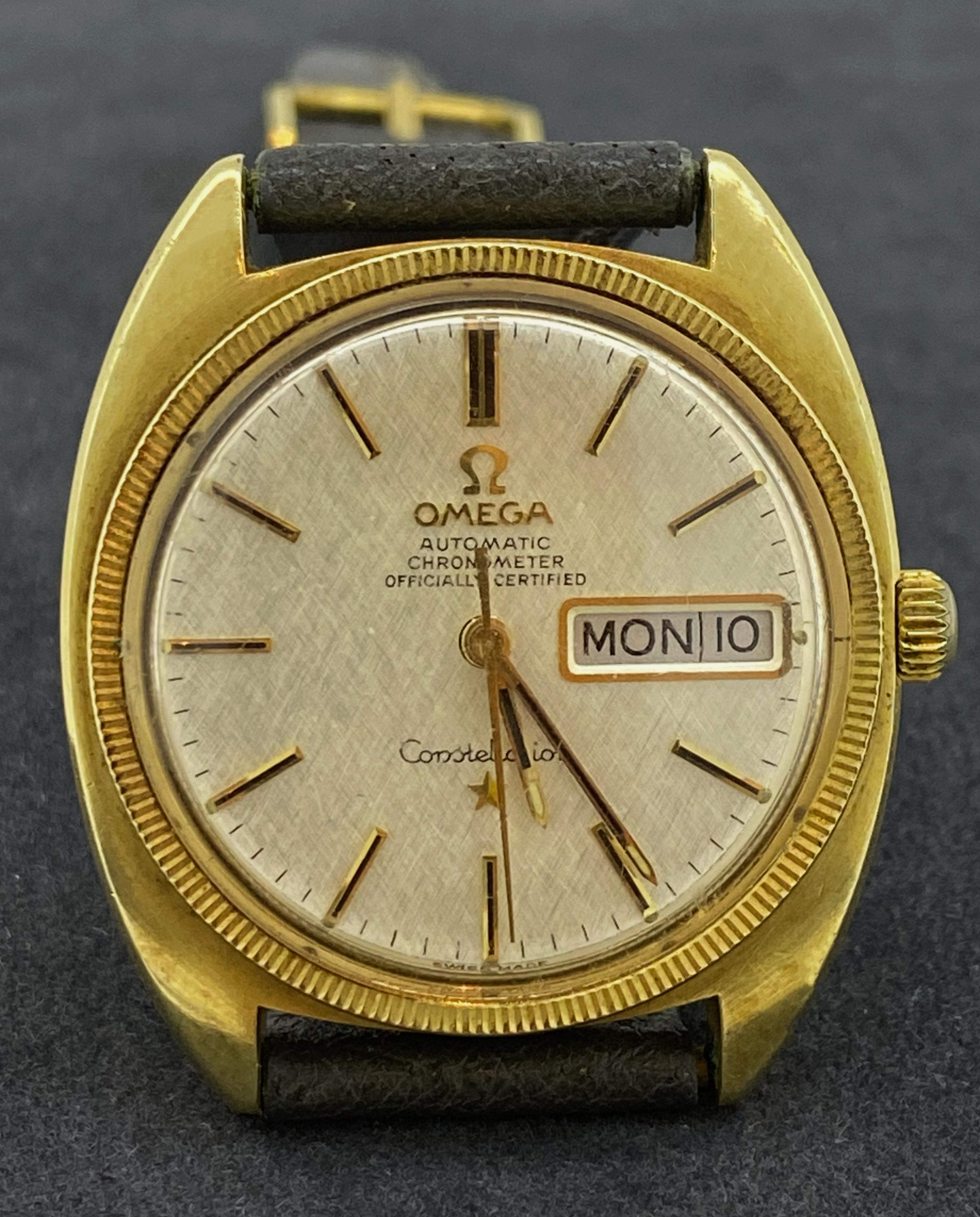 Omega Constellation #168029 cal. 751 Gold-Filled Day Date Linen Dial c1968 Watch In Excellent Condition For Sale In MELBOURNE, AU