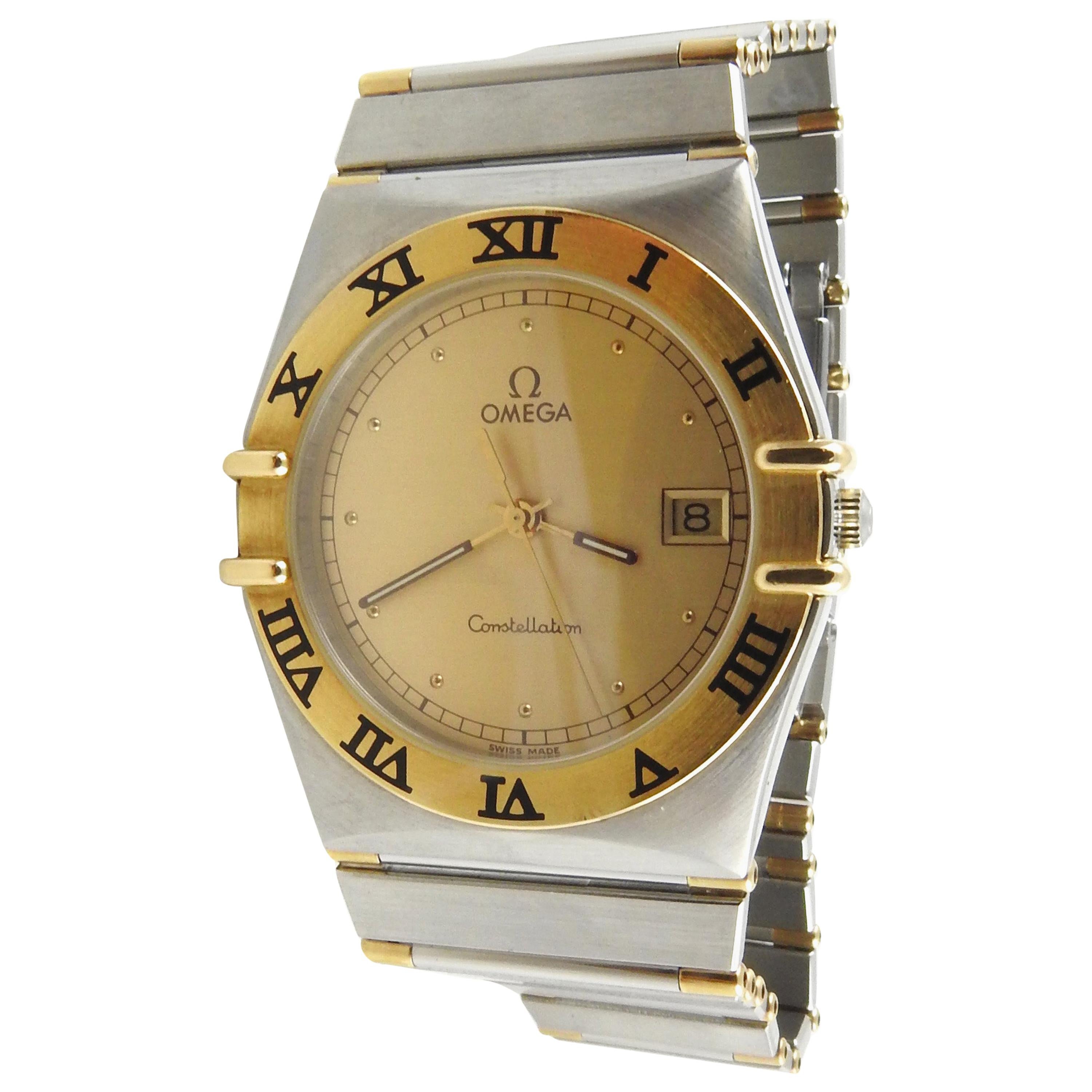 Omega Constellation 18 Karat and Stainless Steel Quartz Watch Gold Dial Half Bar