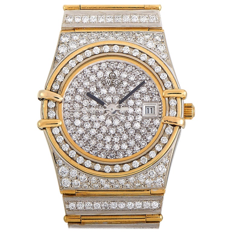 Omega Constellation 18 Karat White and Yellow Gold Diamond Quartz Watch ...