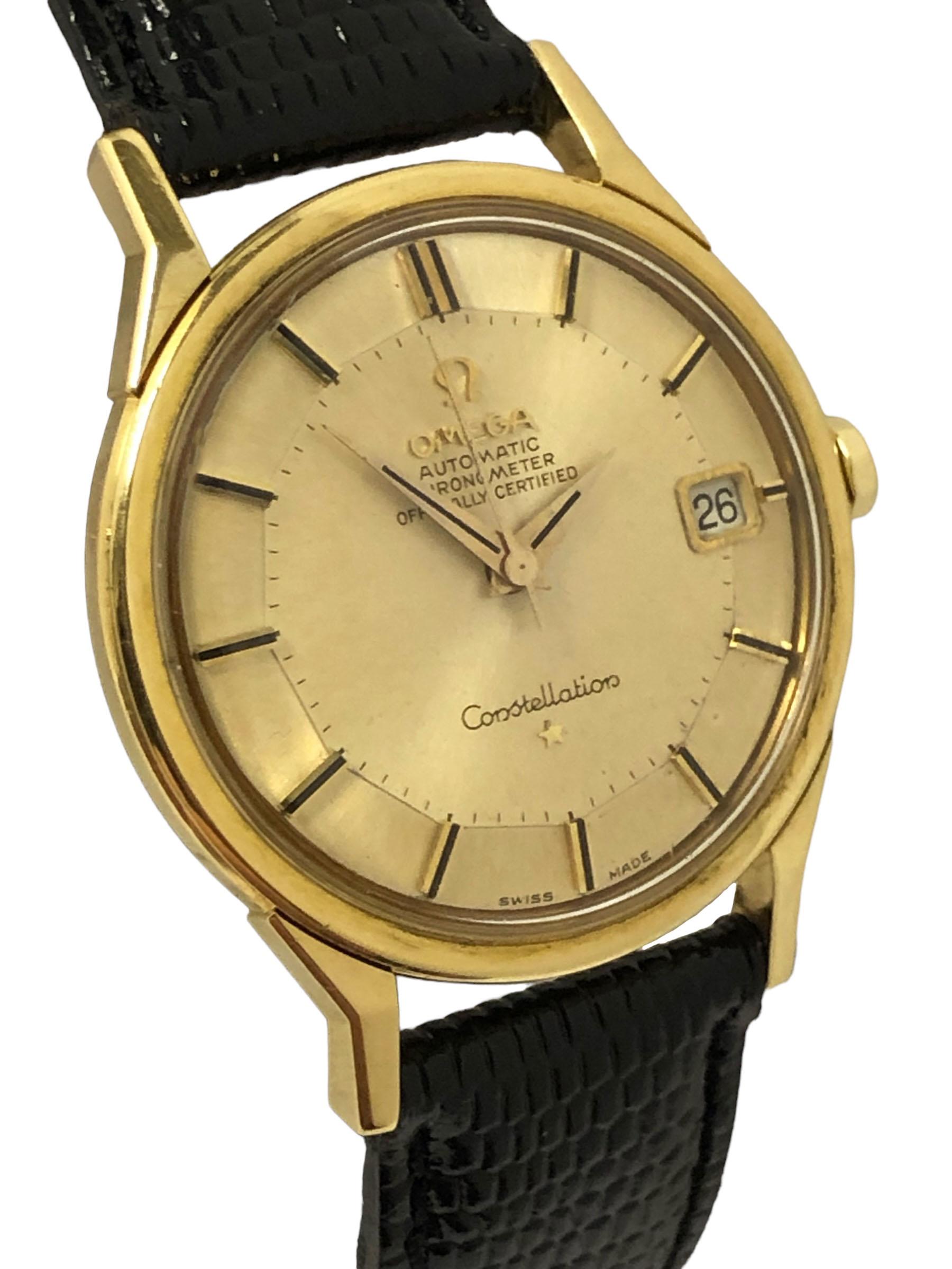 Circa mid 1960s Omega Constellation Reference 168.005 / 6 Wrist Watch, 34 M.M. 18k 2 piece water resistant case with Observatory on case back, Caliber 561, 24 Jewel, Automatic self Winding movement. Original mint condition Gold Satin Pie Pan Dial