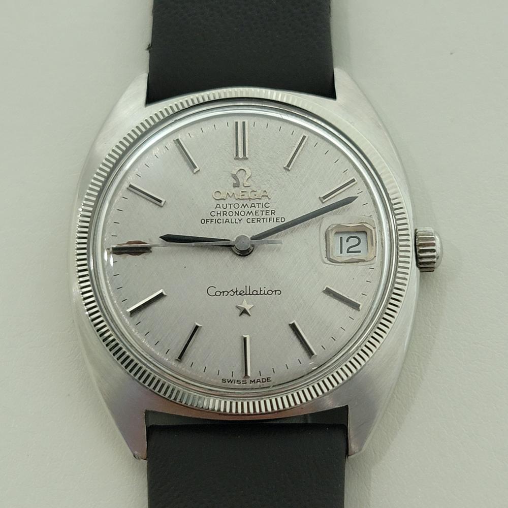Zeitlose Eleganz, Herren Omega Constellation Ref 168 027, ca. 1969, in ausgezeichnetem Zustand. Von einem Uhrmachermeister für echt befunden. Wunderschönes, signiertes Omega-Zifferblatt, applizierte Stabindex-Stundenmarkierungen, schwarze Minuten-