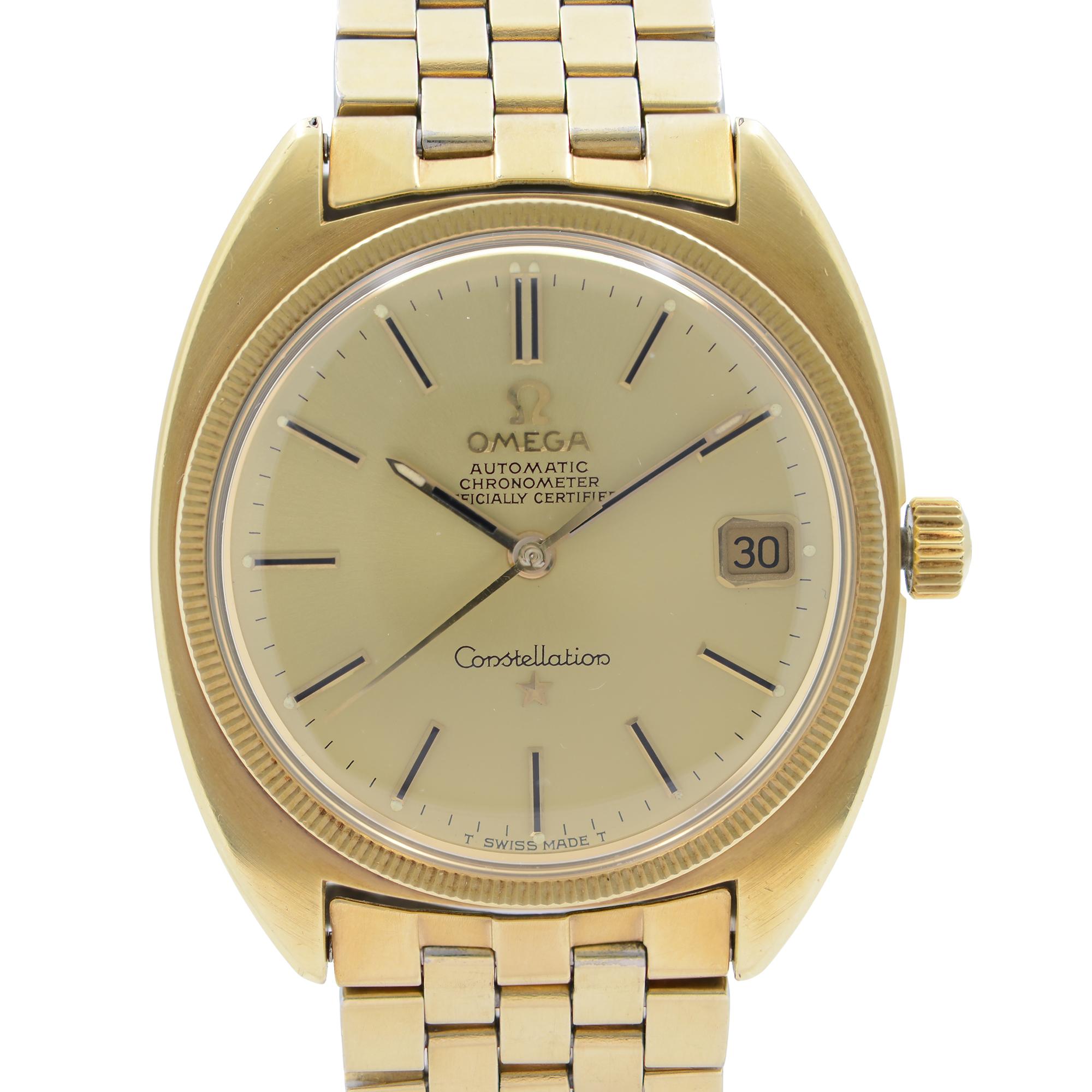 Pre Owned Omega Constellation Gold-Tone Steel and 18k Gold Plated Case Champagne Dial Brick Bracelet Automatic Men's Watch 168027. The band has moderate slack and Discoloration  This Timepiece Features: Stainless Steel 18k Gold Plated Case Stainless