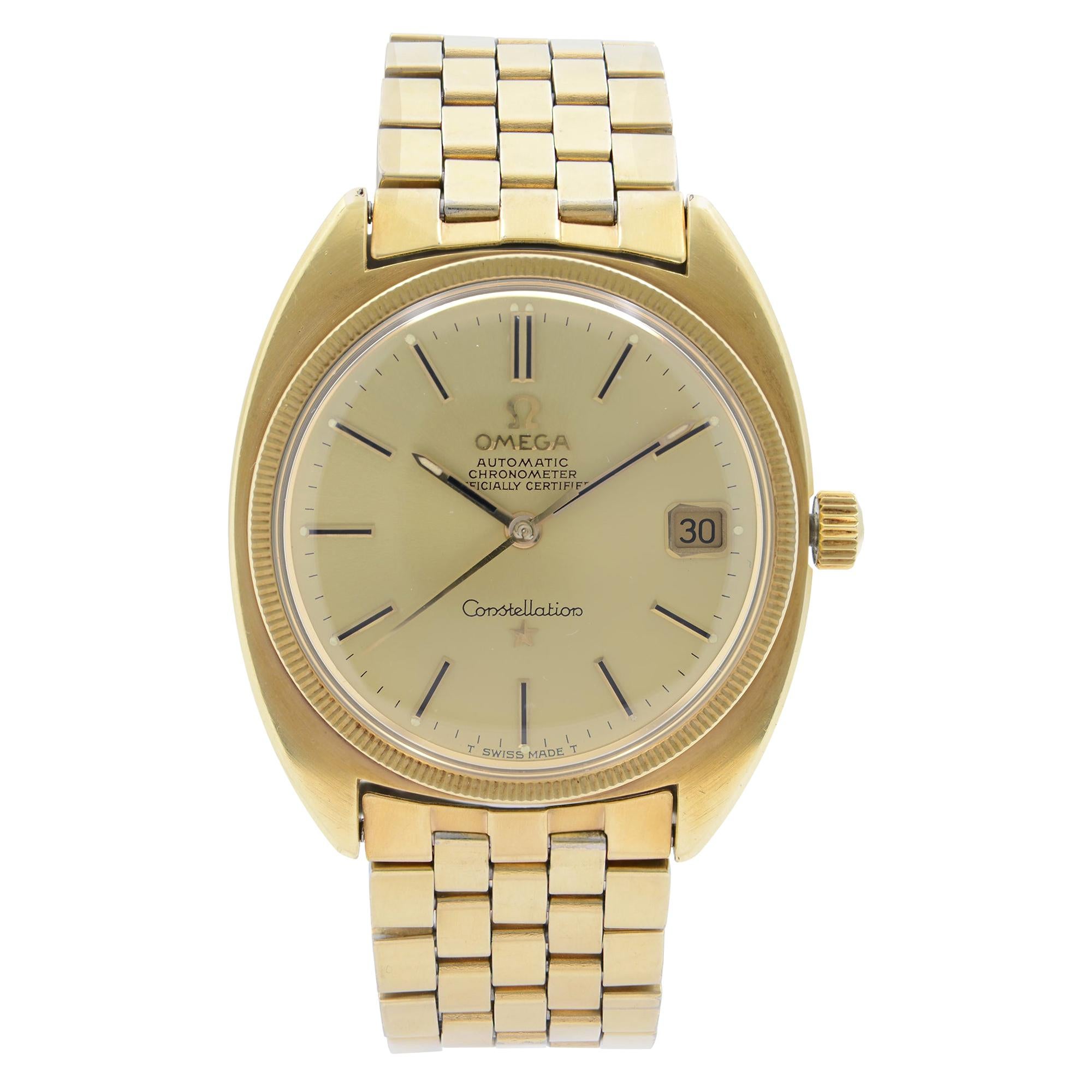 Omega Constellation 18k Gold Plated Steel Champagne Dial Mens Watch 168027