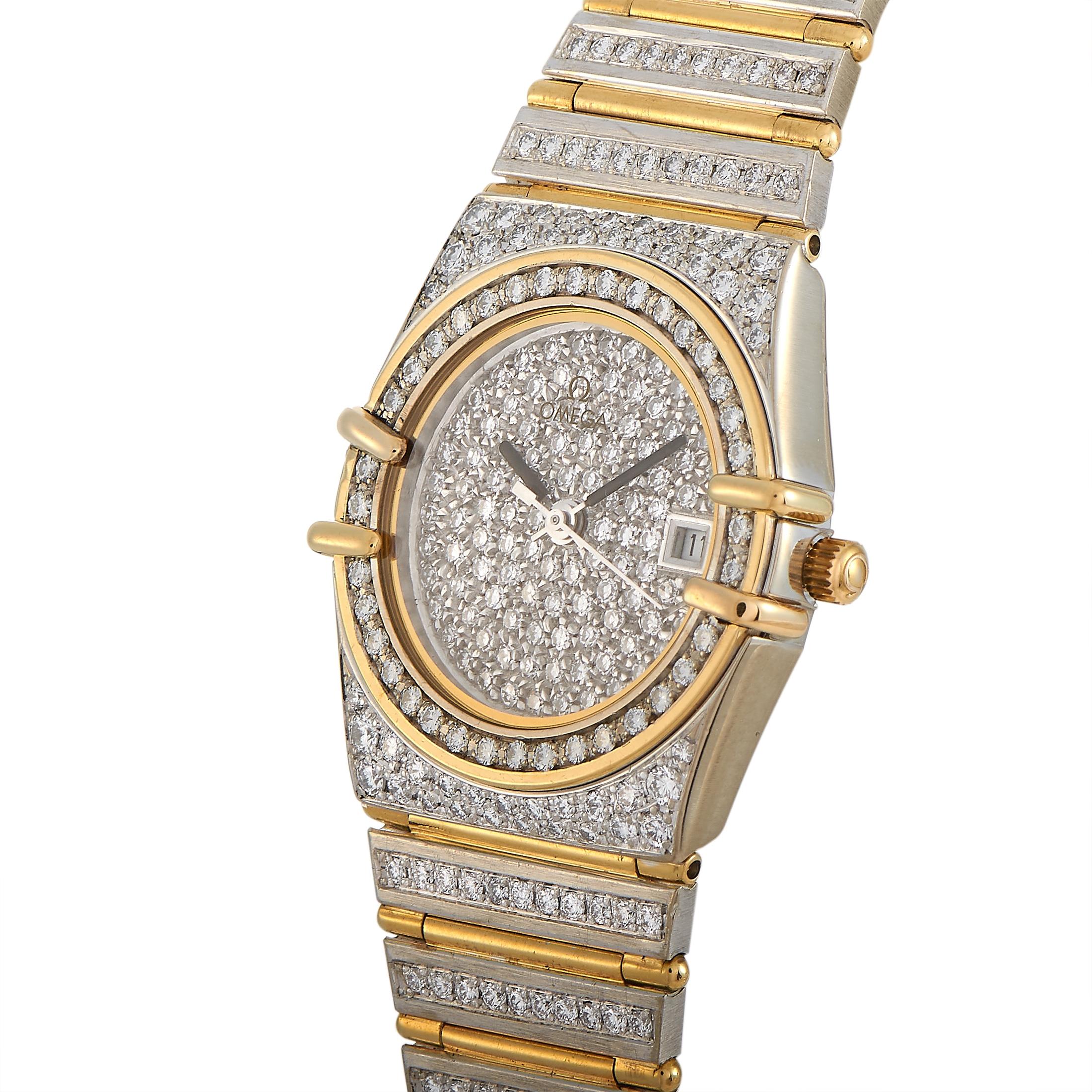 The Omega Constellation watch, reference number 9122489, is presented within the sublime “Constellation” collection.
 
 This model boasts a diamond-embellished case made out of 18K white and yellow gold that is mounted onto a matching diamond-set